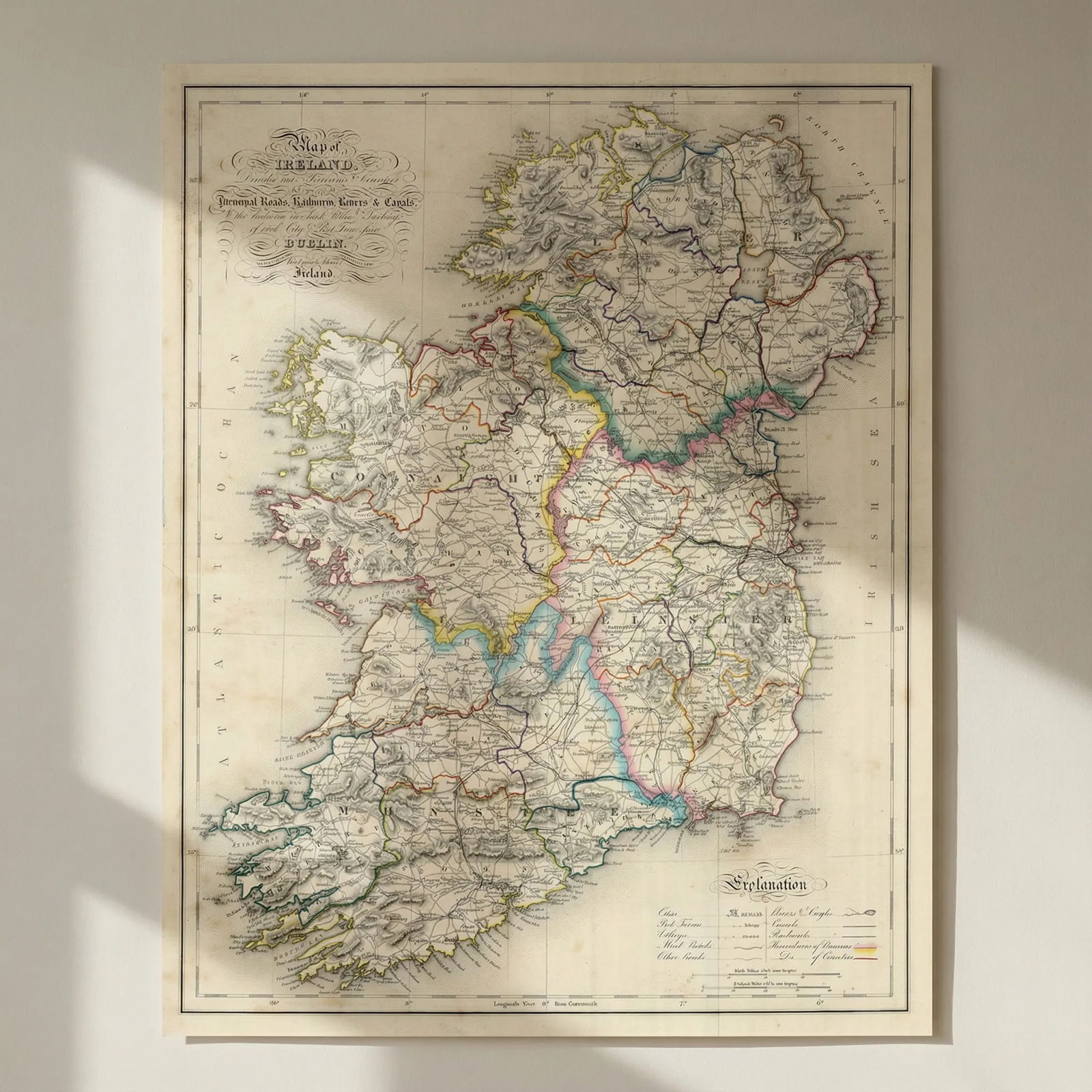 Map of Ireland, divided into provinces & counties…. LEWIS/CREIGHTON/DOWER 1850: Title: "Map of Ireland, divided into provinces & counties…". LEWIS/CREIGHTON/DOWER 1850 Description: Map of Ireland, divided into provinces and counties, shewing the principal roads, railways, r