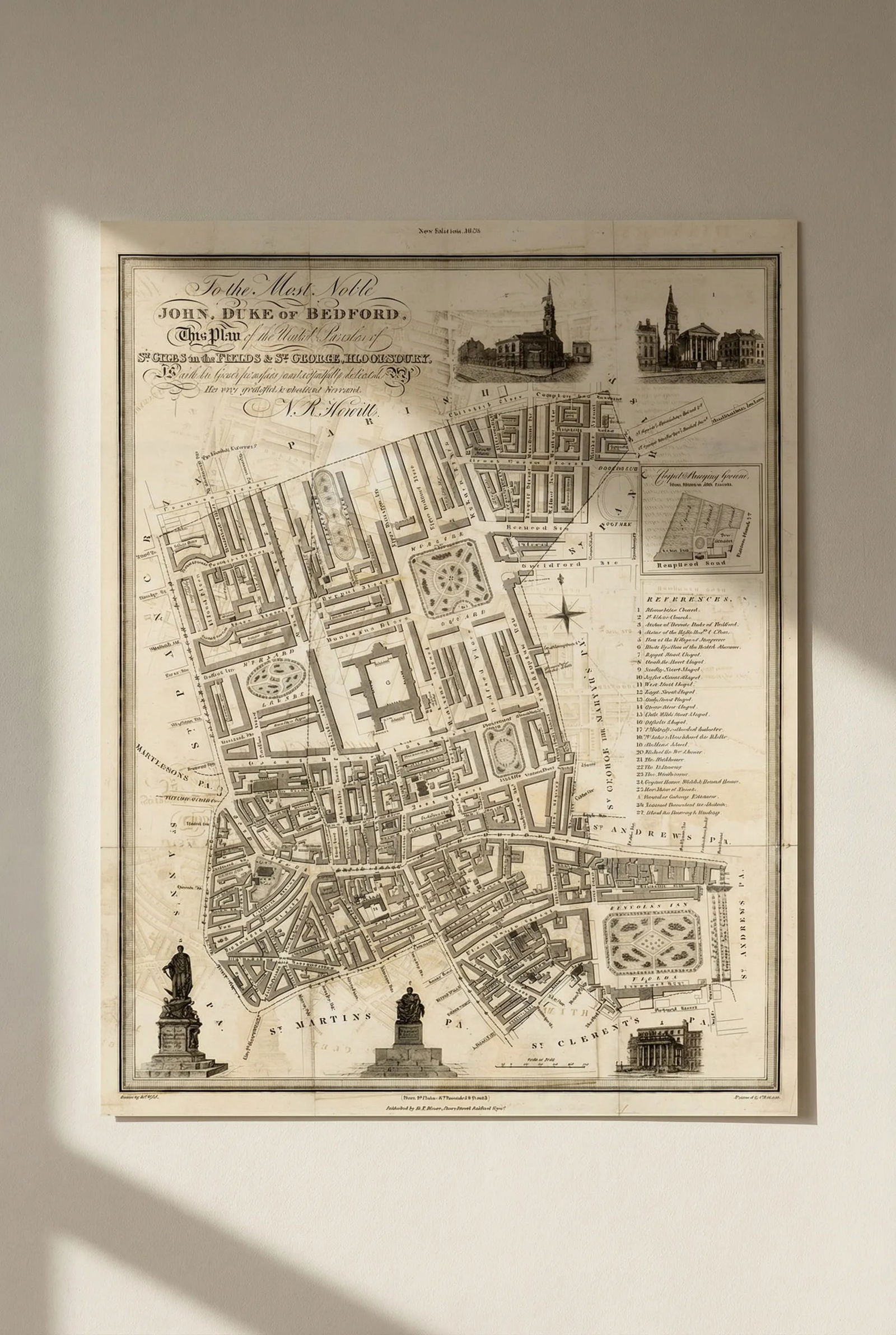 The United Parishes of St. Giles in the Fields & St. George, Bloomsbury 1828 map: Title: The United Parishes of St. Giles in the Fields & St. George, Bloomsbury 1828 map Description: To the Most Noble John, Duke of Bedford, this Plan of the United Parishes of St. Giles in the Field