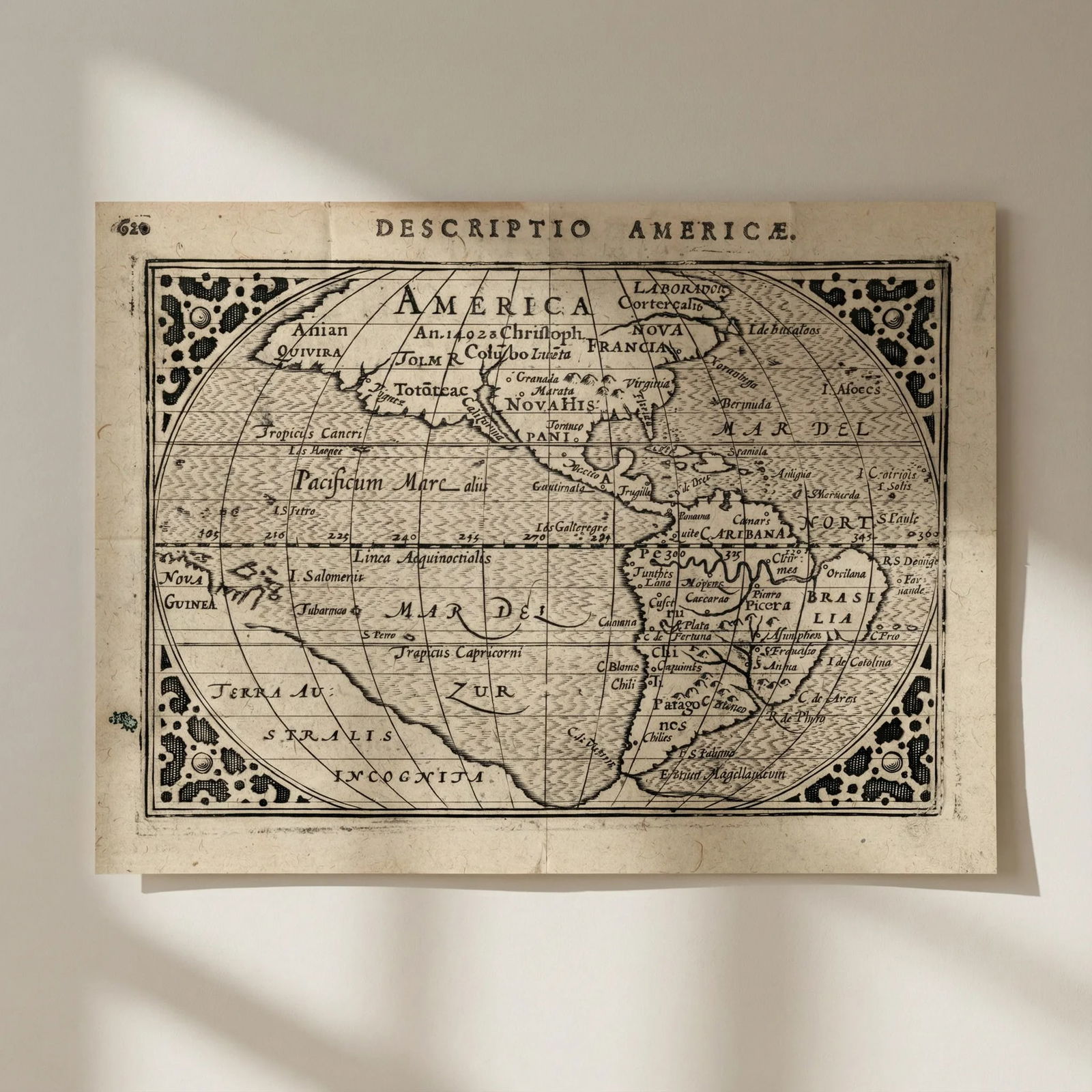 Americae / America by Bertius / Langenes. The Americas 1603 old antique map: Title: Americae / America by Bertius / Langenes. The Americas 1603 old antique map Description: Descriptio Americae / America [The Americas]. The map prominently shows Terra Australia Incognita occupy