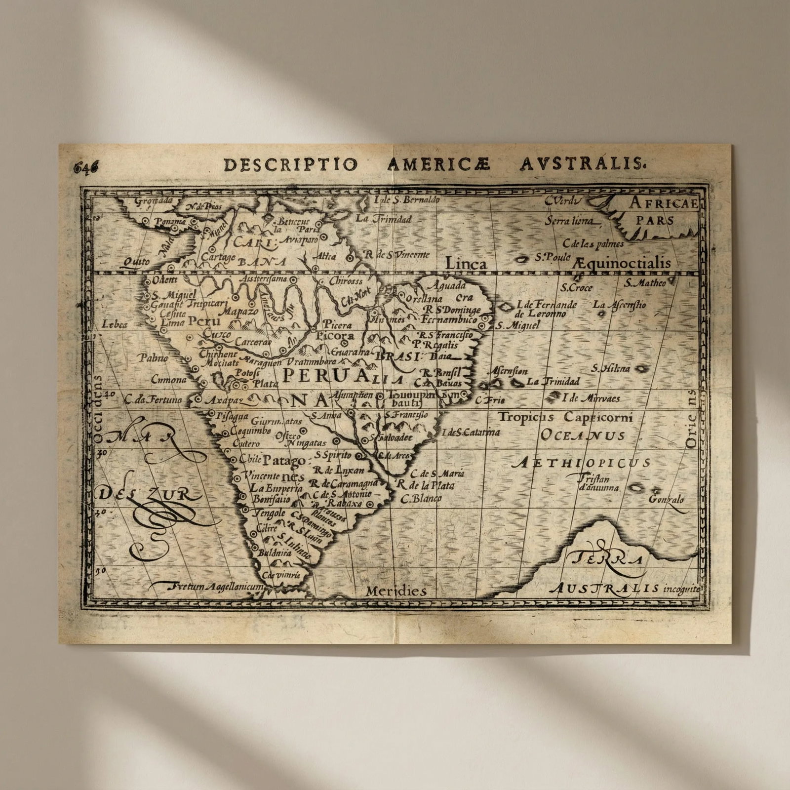 Americae Australis / Peruana by Bertius / Langenes. South America 1603 old map: Title: Americae Australis / Peruana by Bertius / Langenes. South America 1603 old map Description: Descriptio Americae Australis / Peruana [South America & Terra Australis]. The map shows part of