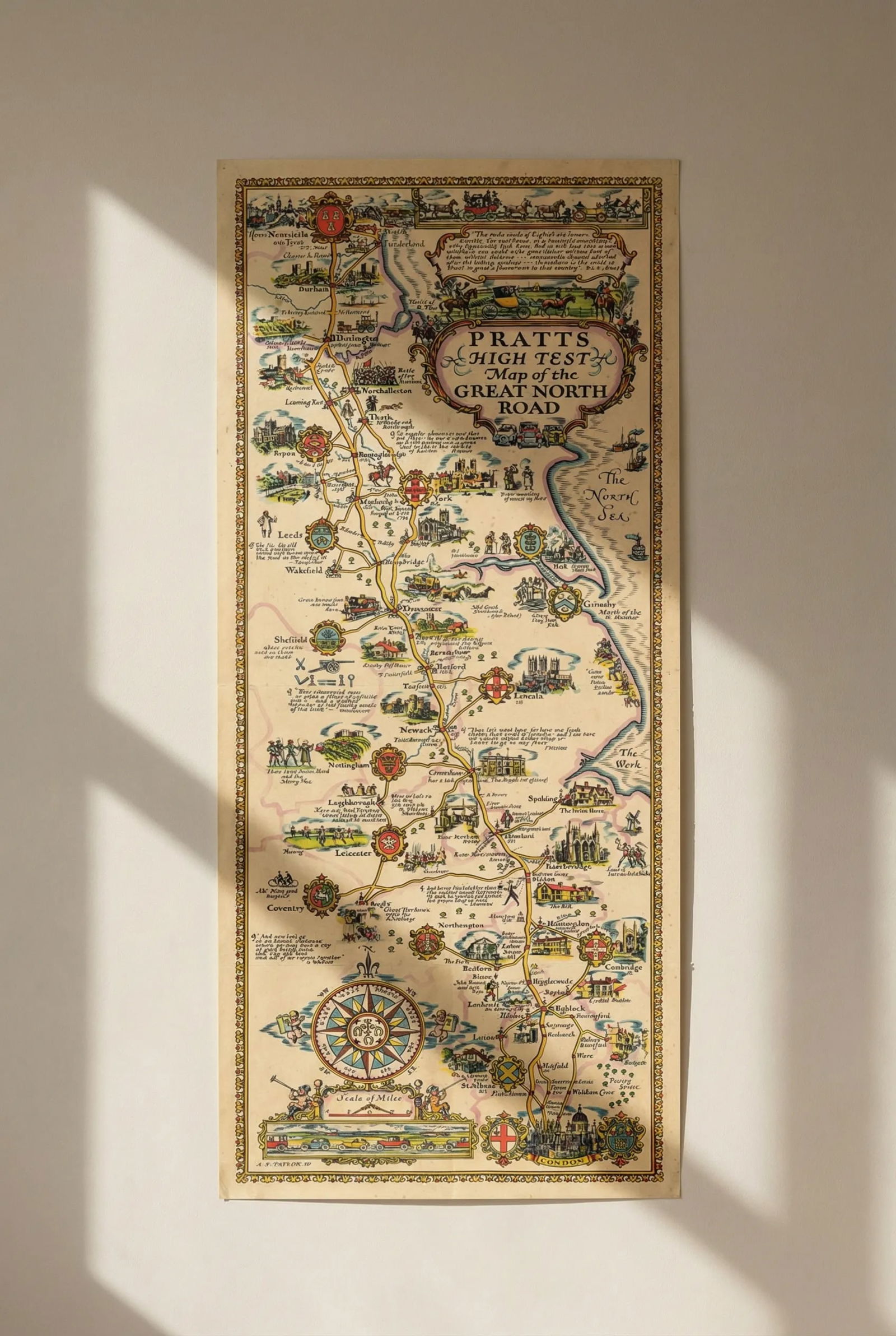 Pratts High Test Map of the Great North Road. London-Newcastle. AE TAYLOR 1930: Title: Pratts High Test Map of the Great North Road. London-Newcastle. AE TAYLOR 1930 Description: Pratts High Test Map of the Great North Road'. One of a series of attractive pictorial road maps publ