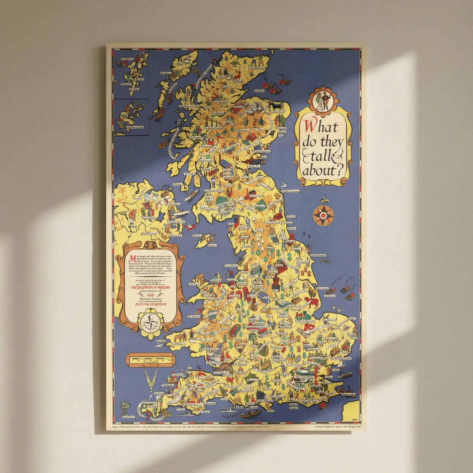 What do they talk about? UK Festival of Britain Pictorial map by C.W. Bacon 1951: Title: What do they talk about? UK Festival of Britain Pictorial map by C.W. Bacon 1951 Description: What do they talk about?'. This wonderful whimsical pictorial map, published for the Festival of Br