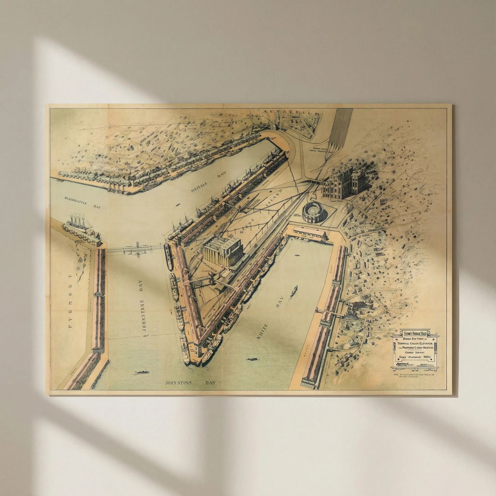 Bird's Eye View Glebe Island Port Jackson Balmain Sydney Harbour 1915 (1924) map: Title: Bird's Eye View Glebe Island Port Jackson Balmain Sydney Harbour 1915 (1924) map Description: Sydney Harbour Trust - Bird's Eye View of Terminal Grain Elevator and Proposed Cargo Berths - Glebe