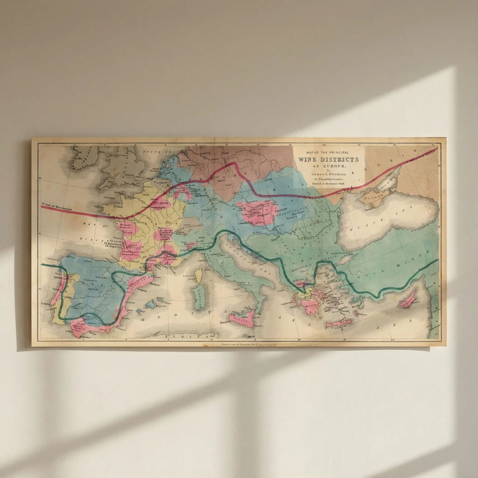 Map of the Principal Wine Districts of Europe by James Denman 1875 old: Title: Map of the Principal Wine Districts of Europe by James Denman 1875 old Description: Map of the Principal Wine Districts of Europe'. This fascinating map highlights in pink the most significant