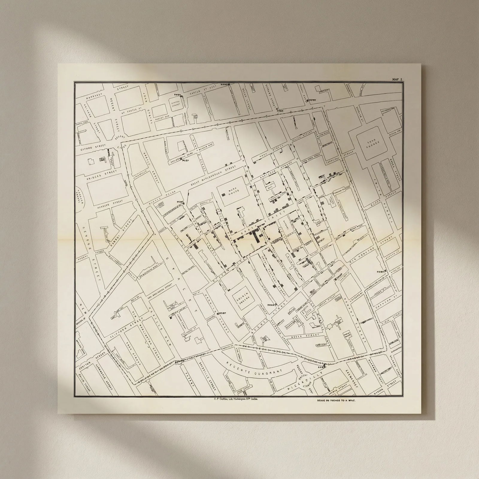 Broad Street Cholera Outbreak, Soho, London by Dr John Snow 1855 (1965) map: Title: Broad Street Cholera Outbreak, Soho, London by Dr John Snow 1855 (1965) map Description: [Dr John Snow's map of Soho, London, showing the clusters of Cholera cases in the London epidemic of 185