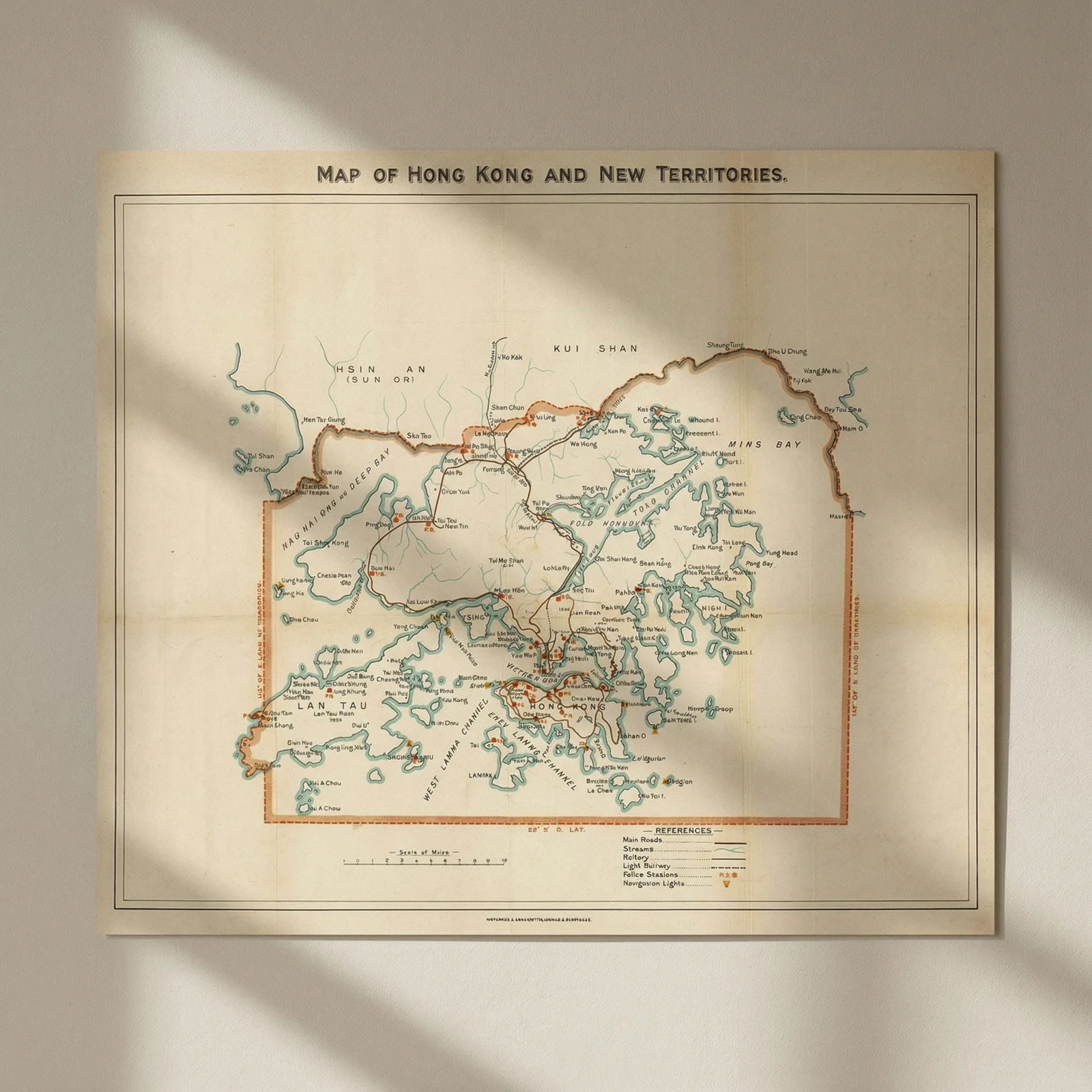 Hong Kong & New Territories. Police stations & Lighthouses. Waterlow 1938 map: Title: Hong Kong & New Territories. Police stations & Lighthouses. Waterlow 1938 map Description: Map of Hong Kong and New Territories'. Waterlow & Sons Ltd., London Wall, London. Published 1938. Anti