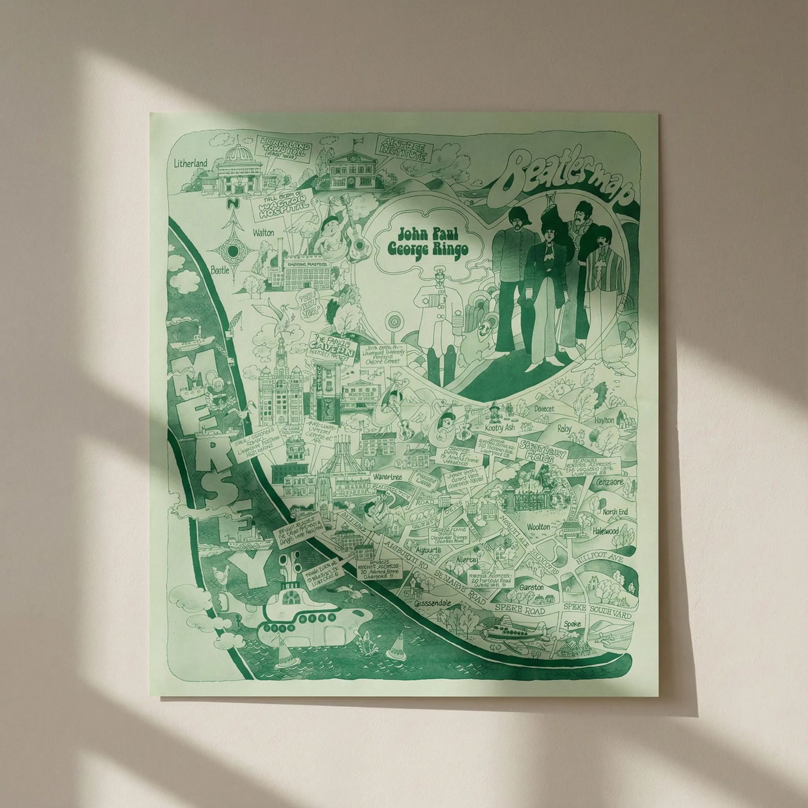 Beatles psychedelic pictorial fan Liverpool city map by McCaffrey & Sharp 1974: Title: Beatles psychedelic pictorial fan Liverpool city map by McCaffrey & Sharp 1974 Description: Beatles map [of Liverpool] - John - Paul - George - Ringo. A 1974 pictorial musical fan map of Liverp