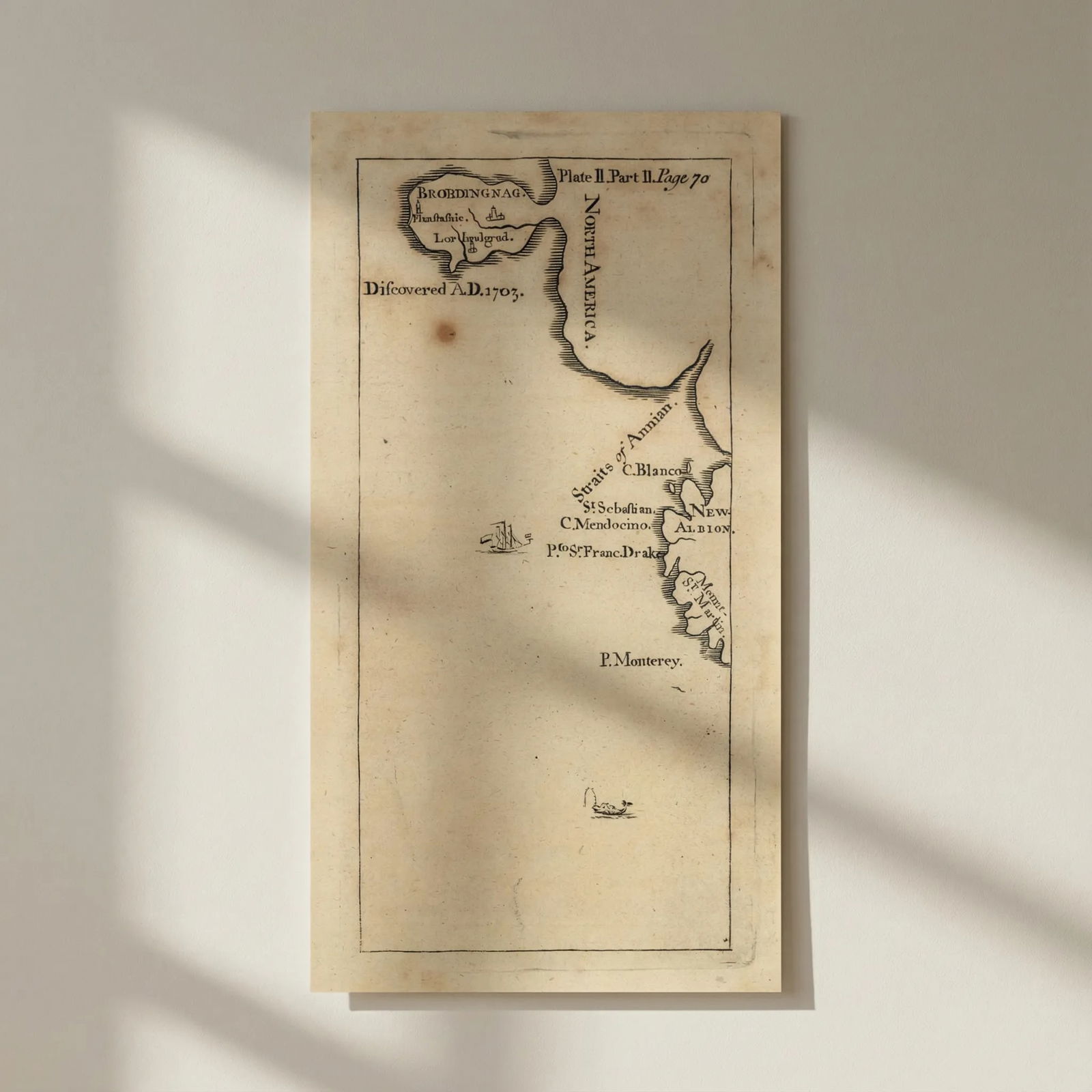 Brobdingnag by Jonathan Swift. Gulliver's Travels. California Canada 1751 map (1 of 3)