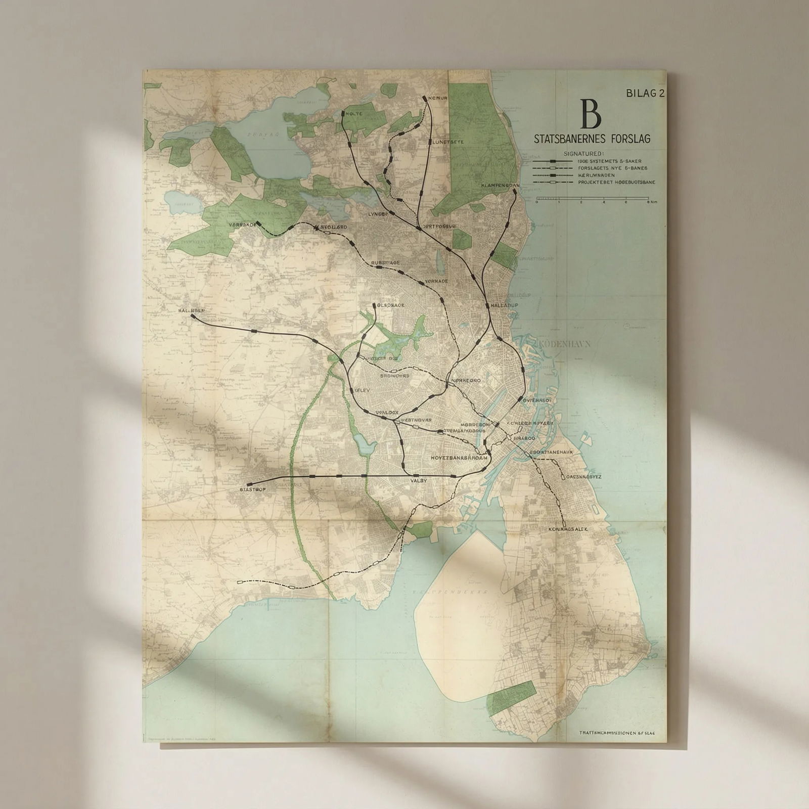 Kobenhavn/Copenhagen Statsbanernes Forslag S-tog actual/planned lines c1953 map: Title: Kobenhavn/Copenhagen Statsbanernes Forslag S-tog actual/planned lines c1953 map Description: [Kobenhavn / Copenhagen] Bilag 2 [Appendix 2] Statsbanernes Forslag [State Railways Proposal]. A sca