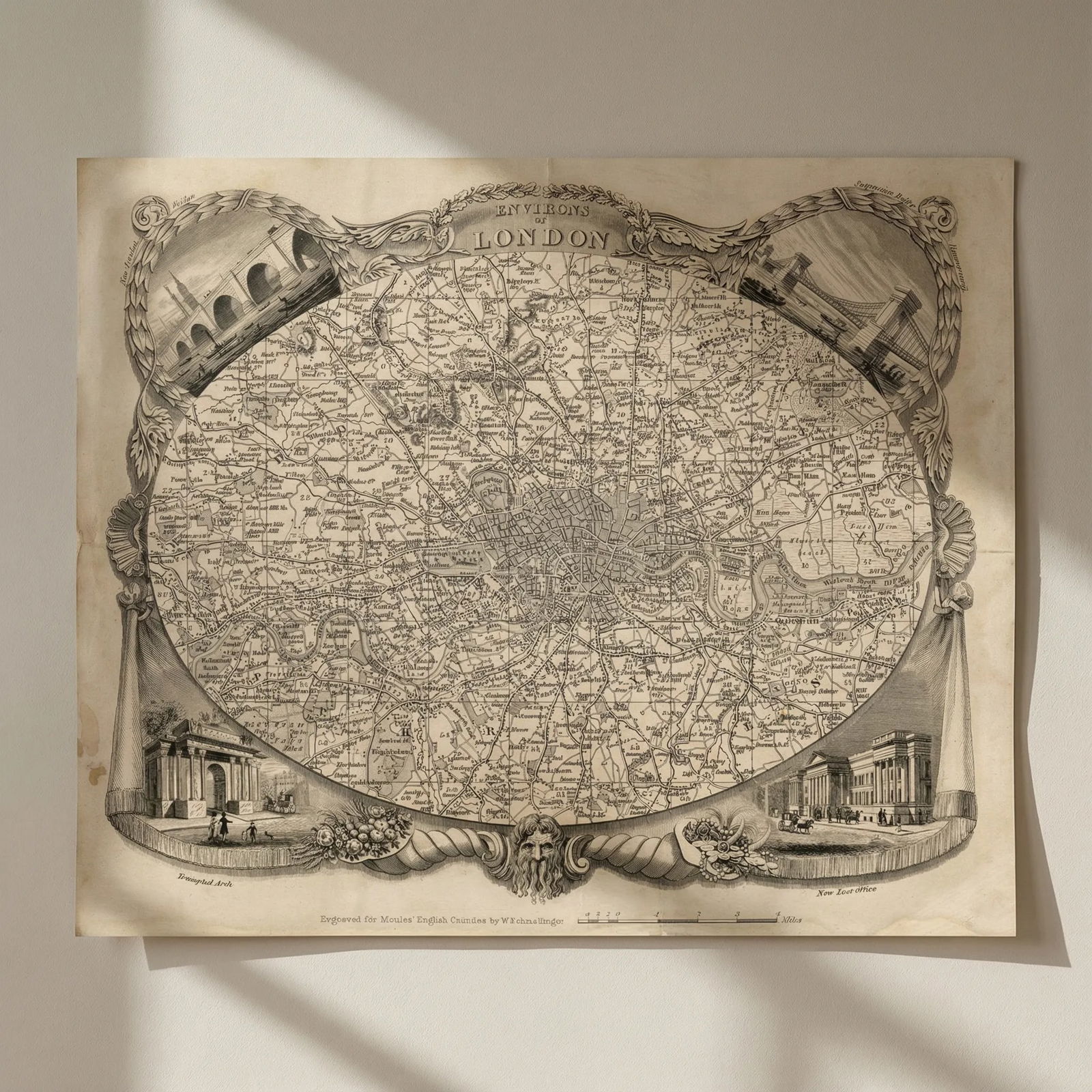London environs antique map by Thomas Moule 1837 old plan chart: Title: London environs antique map by Thomas Moule 1837 old plan chart Description: Environs of London'. William Schmollinger for Thomas Moule. Published 1837. Antique engraved map. Size 27 x 21 cm |