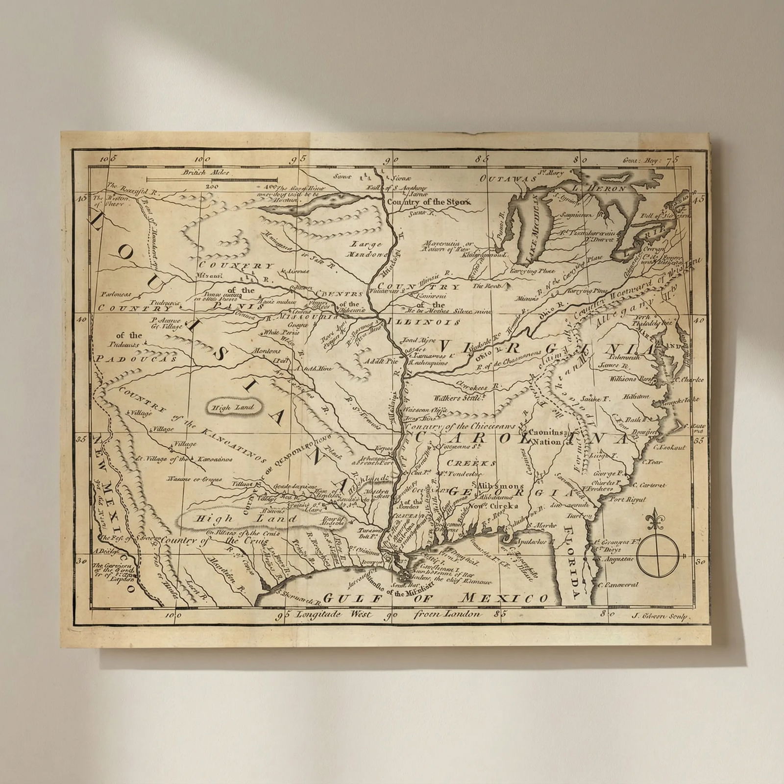 Untitled map of Louisiana, Virginia, and Carolina by John Gibson 1763 old: Title: Untitled map of Louisiana, Virginia, and Carolina by John Gibson 1763 old Description: [A Map of Louisiana, Virginia, and Carolina by J. Gibson sc.]. An untitled map of what is now the United S