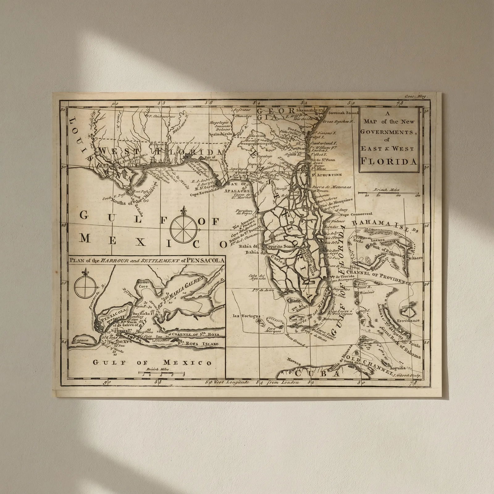 A Map of the New Governments of East & West Florida. Pensacola. GIBSON 1763: Title: A Map of the New Governments of East & West Florida. Pensacola. GIBSON 1763 Description: A Map of the New Governments of East and West Florida //Plan of the Harbour and Settlement of Pensacola