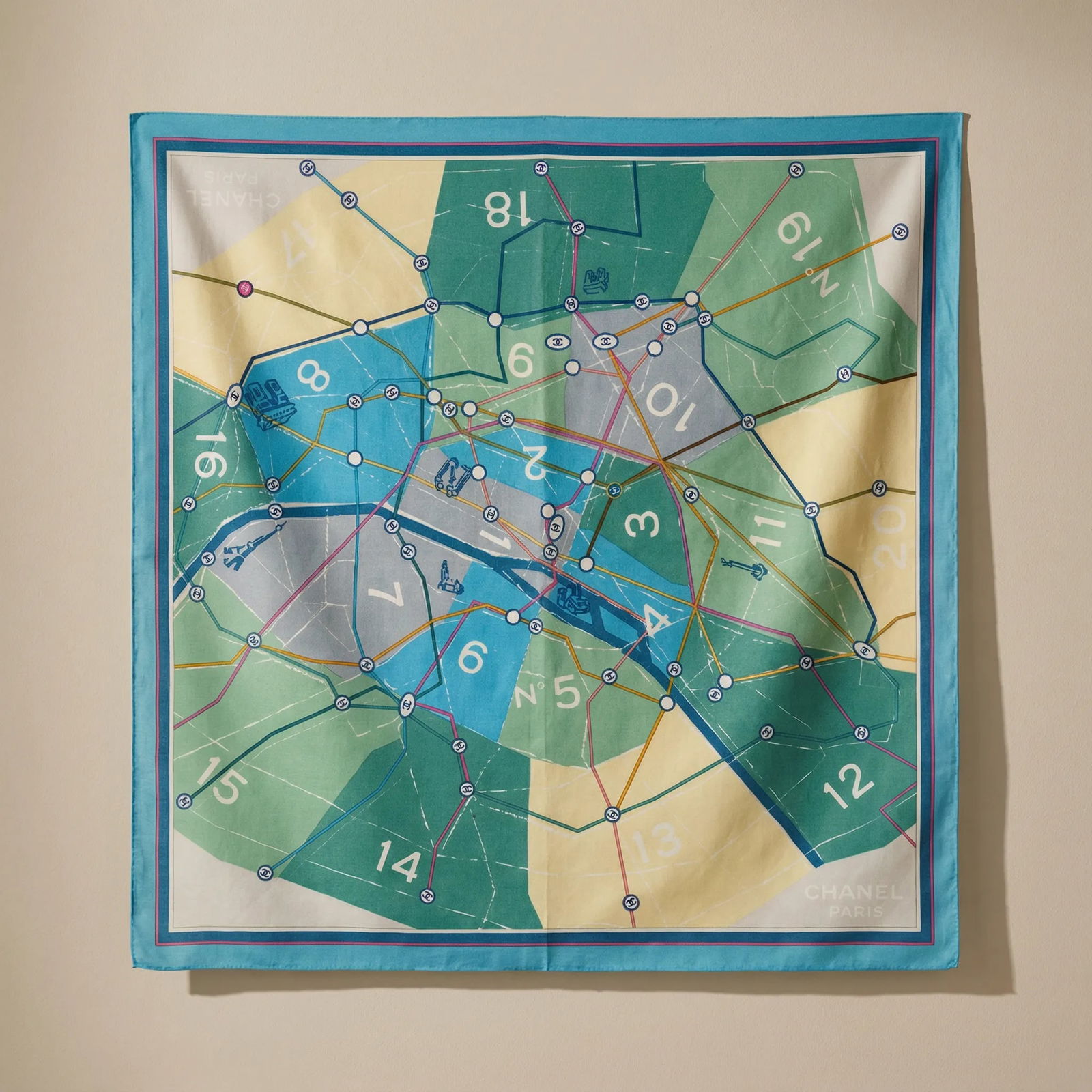 Chanel cotton voile pochette with Paris arrondissements & Métropolitan map c1971: Title: Chanel cotton voile pochette with Paris arrondissements & Métropolitan map c1971 Description: Chanel Paris [arrondissement and metro map]. The garment is undated, but can be dated as havin