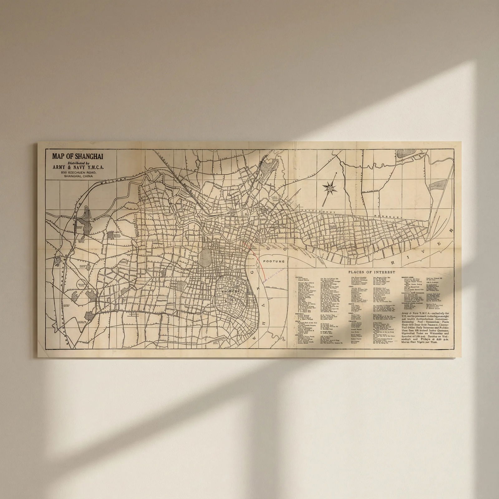 Map of Shanghai. Town/city plan by Army & Navy Y.M.C.A c1920 old antique: Title: Map of Shanghai. Town/city plan by Army & Navy Y.M.C.A c1920 old antique Description: Map of Shanghai'. The map was issued by Army & Navy Y.M.C.A. a facility "exclusively for the use of U.S