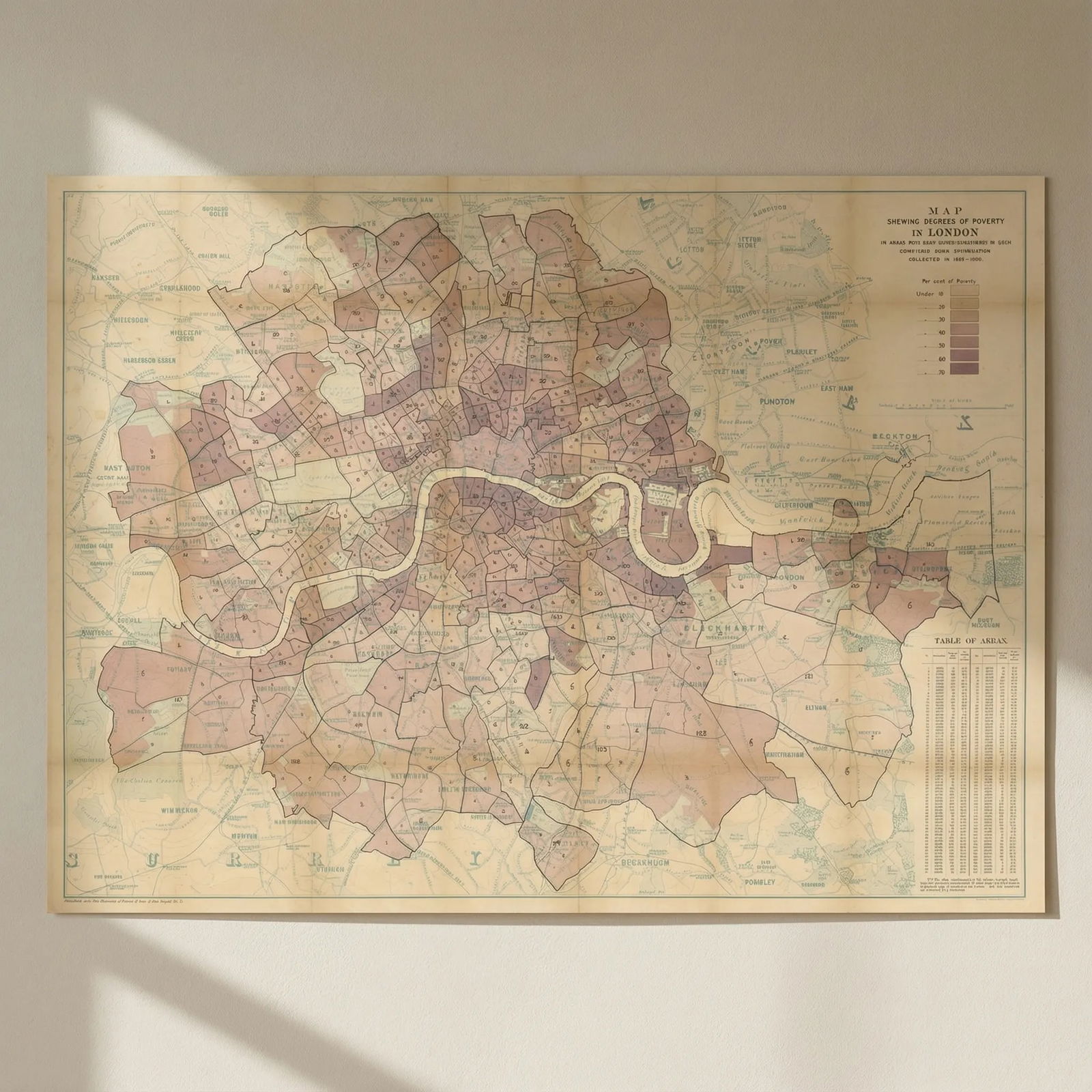 Map shewing degrees of Poverty in London… by Charles Booth 66x90cm 1891: Title: Map shewing degrees of Poverty in London… by Charles Booth 66x90cm 1891 Description: Map shewing degrees of Poverty in London in areas with about 30,000 inhabitants in each, compiled from