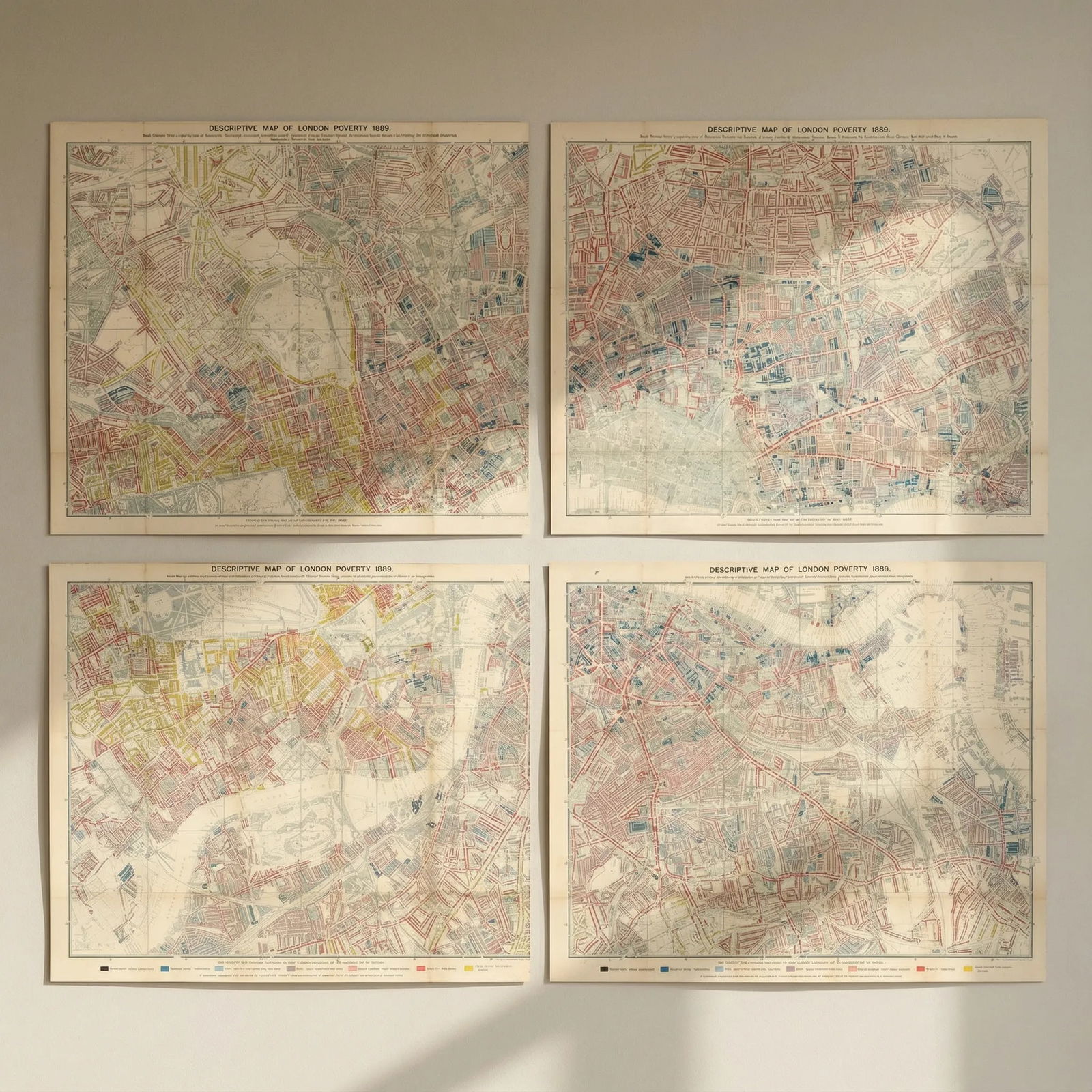 Descriptive map of London Poverty on 4 sheets each 62x57cm by Charles Booth 1889: Title: Descriptive map of London Poverty on 4 sheets each 62x57cm by Charles Booth 1889 Description: Descriptive map of London Poverty 1889 [ 4 sheets ]. Charles Booth was a philanthropist and social