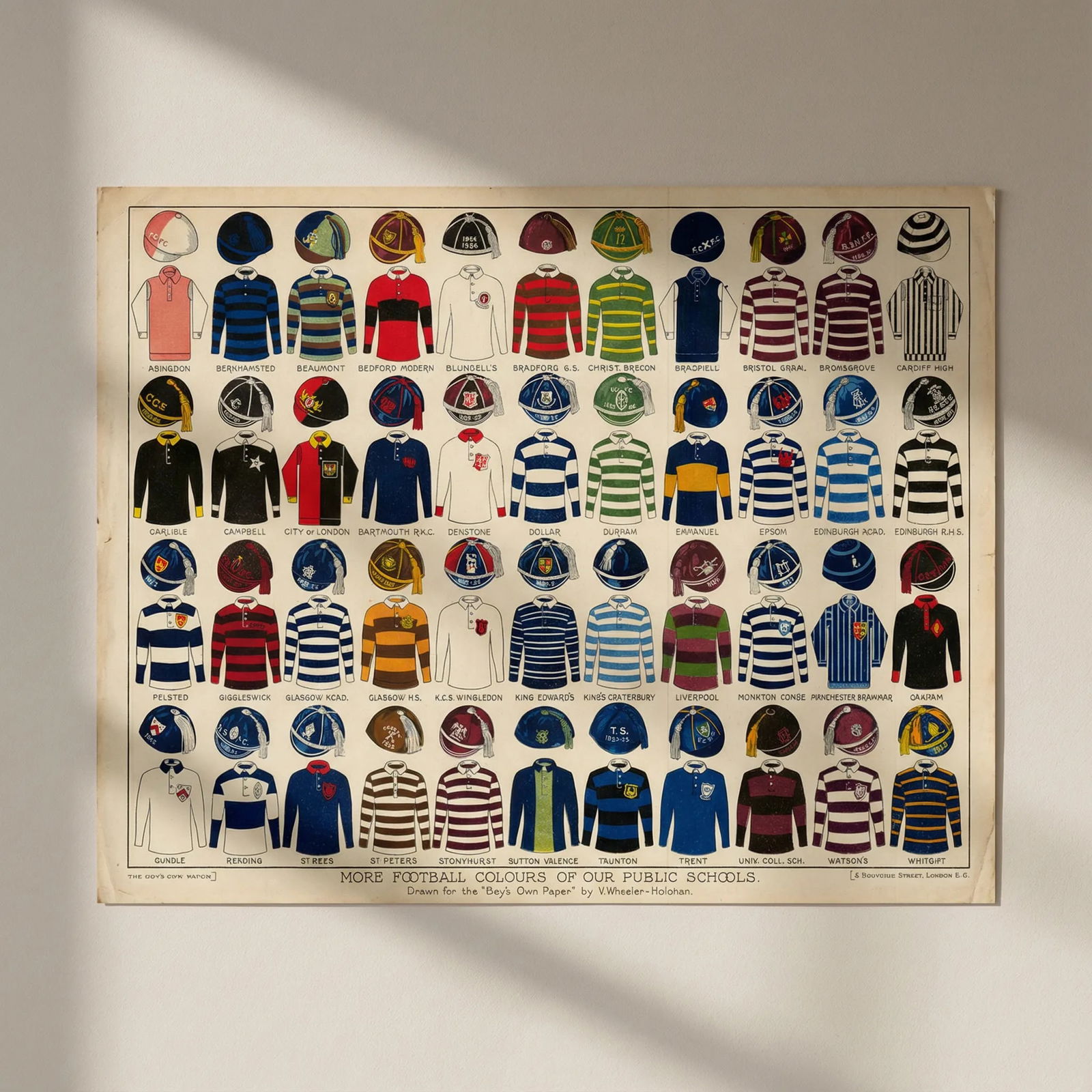 More Rugby Football Colours of our Public Schools. Boy's Own Paper 1925 print: Title: More Rugby Football Colours of our Public Schools. Boy's Own Paper 1925 print Description: More Football Colours of our Public Schools' by Wheeler-Holohan, Ambrose Vincent. Published 1925 - Not