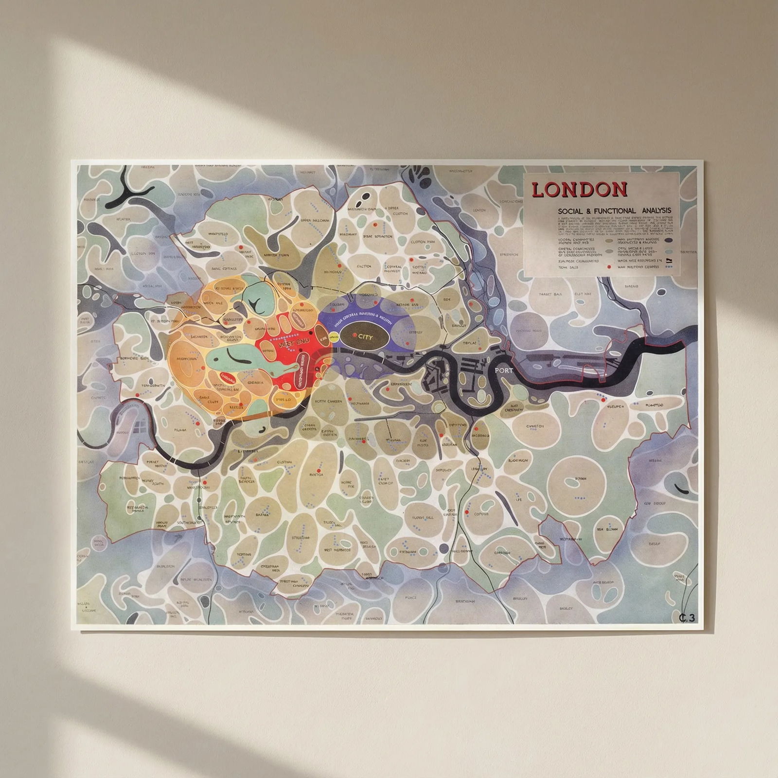 London Social & Functional Analysis 'Potato map' by Patrick Abercrombie 1943: Title: London Social & Functional Analysis 'Potato map' by Patrick Abercrombie 1943 Description: London Social & Functional Analysis' by Abercrombie, Patrick. Published 1943. Vintage colour map. S