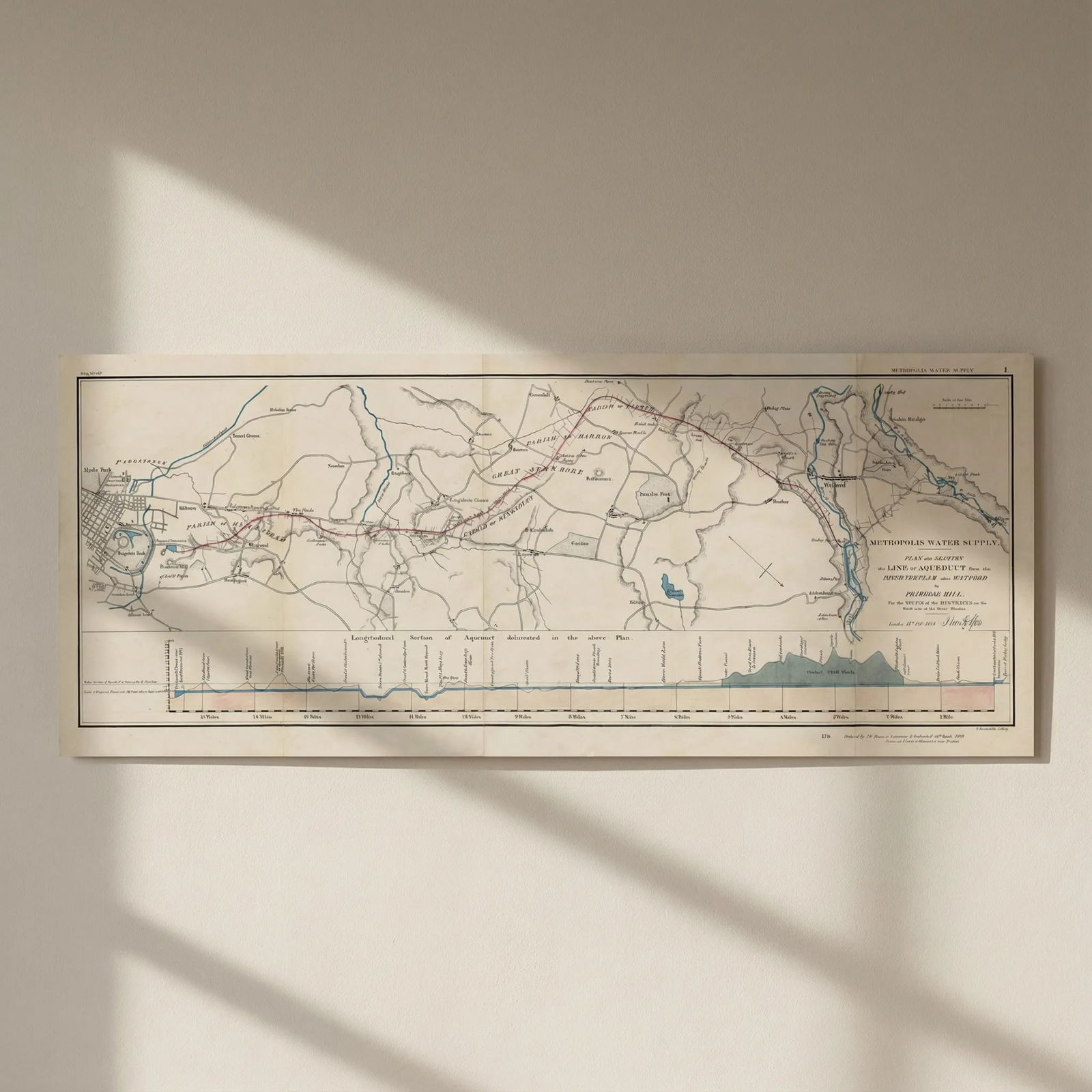 London Water Supply. Proposed aqueduct Watford-Primrose Hill. TELFORD 1834 map: Title: London Water Supply. Proposed aqueduct Watford-Primrose Hill. TELFORD 1834 map Description: Metropolis Water Supply. Plan and section of a line of aqueduct from the River Verulam above Watford