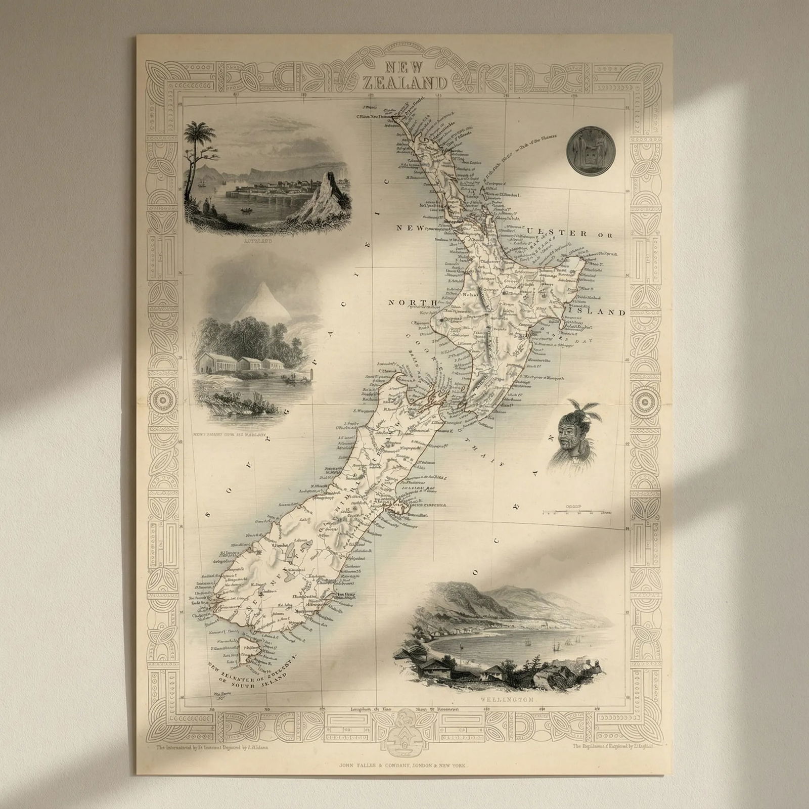 NEW ZEALAND. Shows NZ Company settlements in 1851. TALLIS/RAPKIN 1851 old map: Title: NEW ZEALAND. Shows NZ Company settlements in 1851. TALLIS/RAPKIN 1851 old map Description: New Zealand'. Vignettes: Auckland; Mount Egmont from New Plymouth; Wellington. North Island is indicat