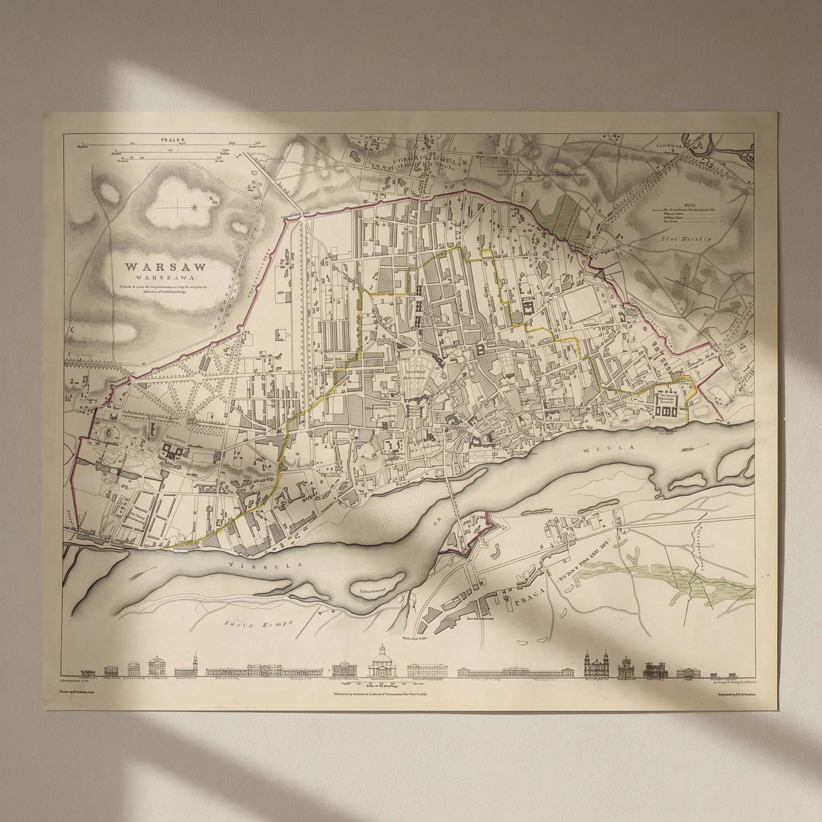 WARSAW WARSZAWA. Antique town city map plan. Building profiles.Colour.SDUK 1844: Title: WARSAW WARSZAWA. Antique town city map plan. Building profiles.Colour.SDUK 1844 Description: WARSAW (WARSZAWA)' by S.D.U.K. - Society for the Diffusion of Useful Knowledge. Published 1844 - Thi
