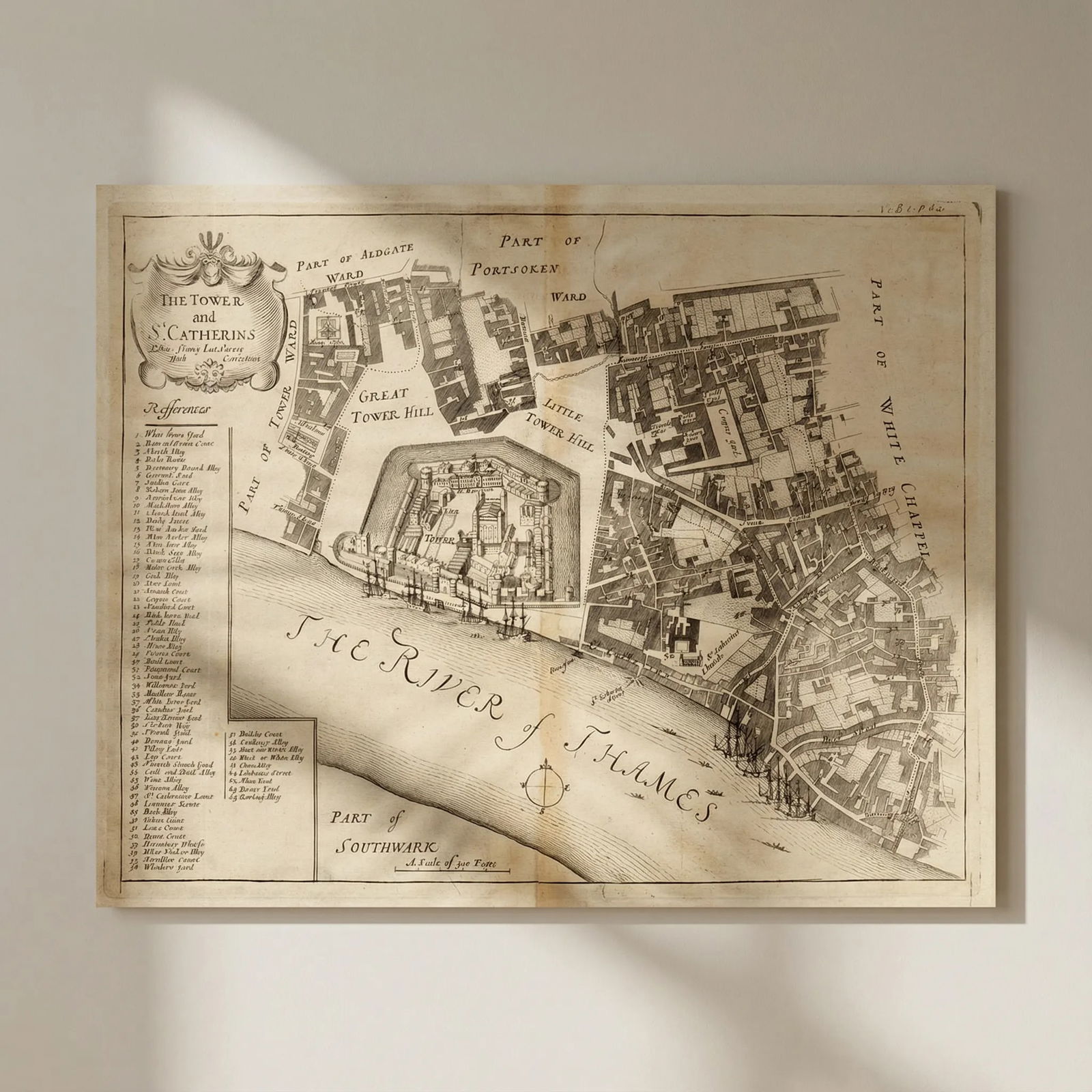 The Tower [of London] & St Catherin's'. St Katherine's STOW/STRYPE 1720 map: Title: The Tower [of London] & St Catherin's'. St Katherine's STOW/STRYPE 1720 map Description: The Tower and St Catherin's'. The Tower of London and adjacent area . Published by John Strype from a pl
