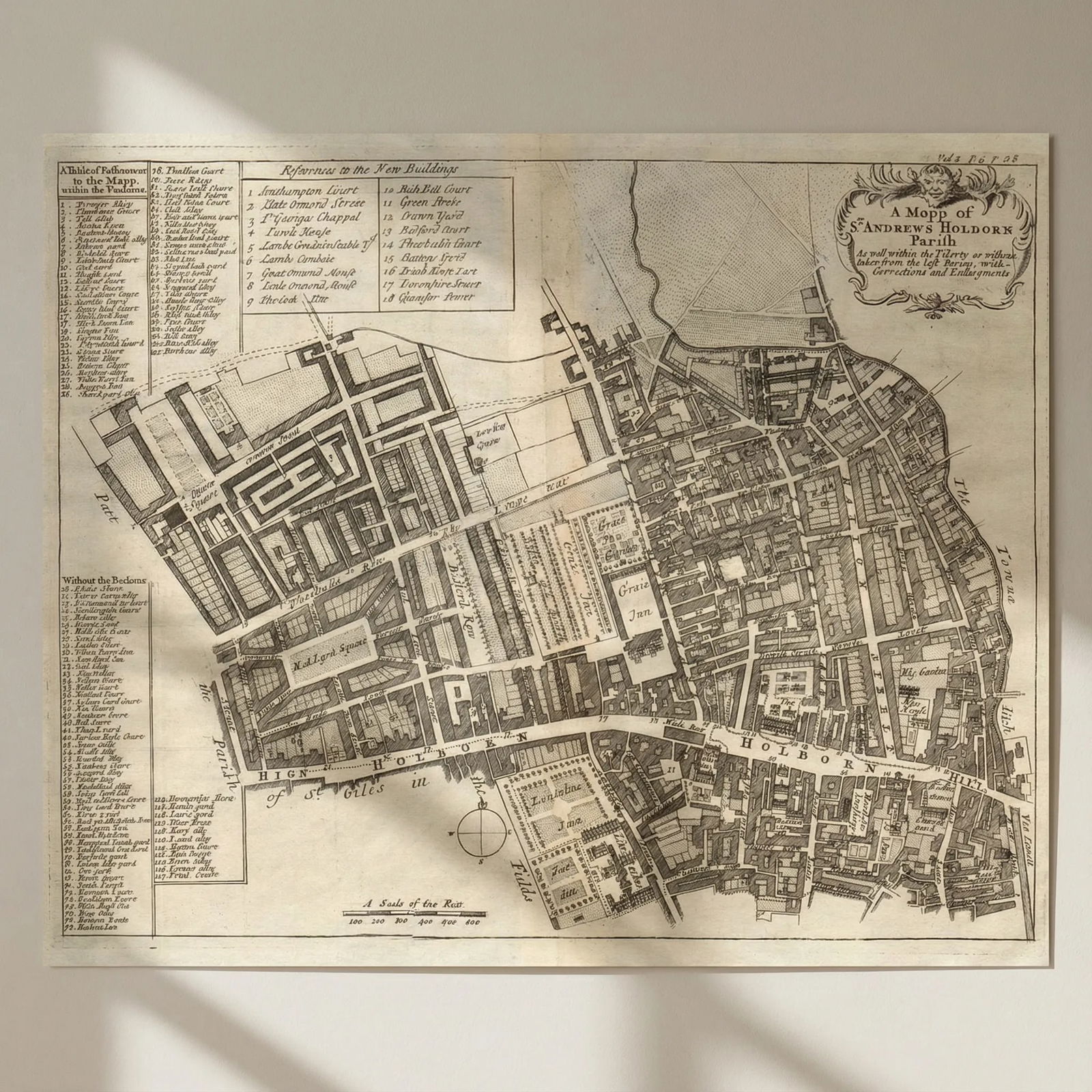 St Andrew's, Holborn parish'. Red Lion Sq. Hatton Garden. STOW/STRYPE 1720 map: Title: St Andrew's, Holborn parish'. Red Lion Sq. Hatton Garden. STOW/STRYPE 1720 map Description: A mapp of St Andrew's Holborn parish'. The map shows High Holborn and a number of the adjacent Inns o