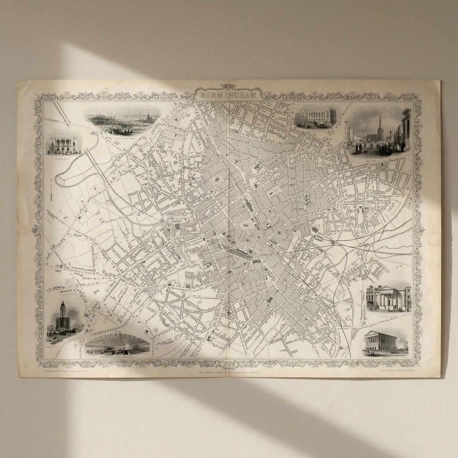 Decorative antique town plan of BIRMINGHAM by Tallis & Rapkin 1851 old map: Title: Decorative antique town plan of BIRMINGHAM by Tallis & Rapkin 1851 old map Description: Birmingham'. The Illustrations drawn by W. Floyd & engraved by D. Pound. The plan drawn & engraved by J.
