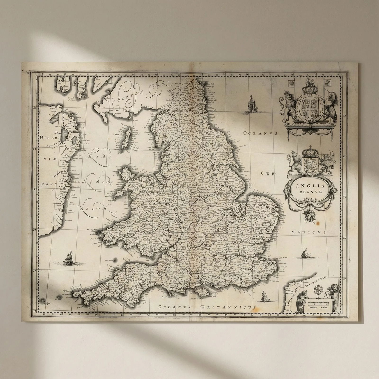 Anglia Regnum by Willem Blaeu. England & Wales 1645 old antique map plan chart: Title: Anglia Regnum by Willem Blaeu. England & Wales 1645 old antique map plan chart Description: Anglia Regnum' by Blaeu, Willem. Published 1645. Antique 17th century map. Size 41 x 53 cm | 16.0 x 2
