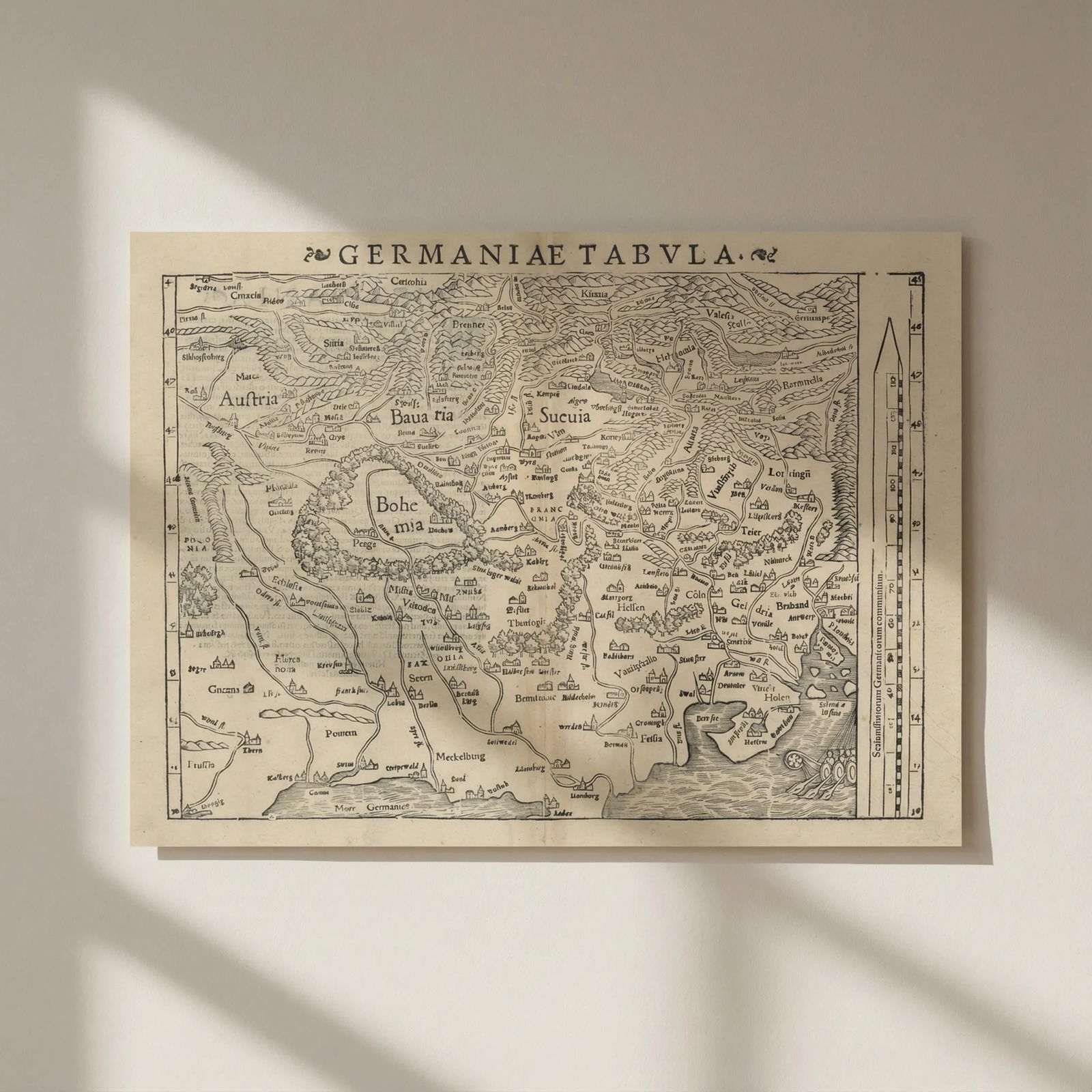 Germaniae Tabula. Germany, Switzerland, Austria & Czechia. MÜNSTER 1572 map: Title: Germaniae Tabula. Germany, Switzerland, Austria & Czechia. MÜNSTER 1572 map Description: Germaniae Tabula [Germany, Netherlands, Austria, Czechia & Switzerland]. The map is orientated