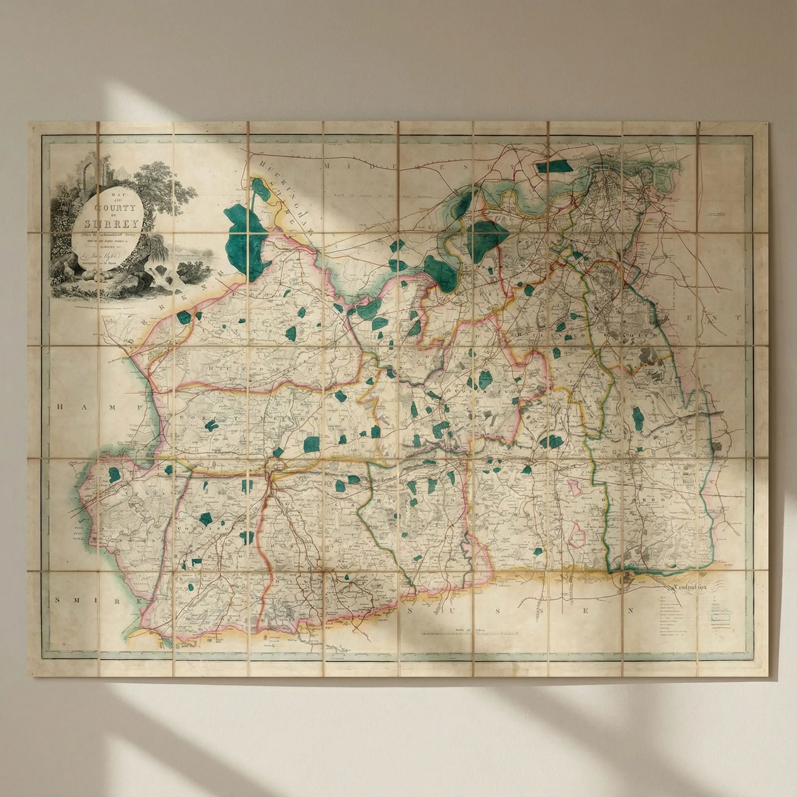 The County of Surrey from Trigonometrical Survey. James Wyld 117x88cm 1874 map: Title: The County of Surrey from Trigonometrical Survey. James Wyld 117x88cm 1874 map Description: Map of the County of Surrey from Trigonometrical Survey with the roads, parks & railways by Jas.