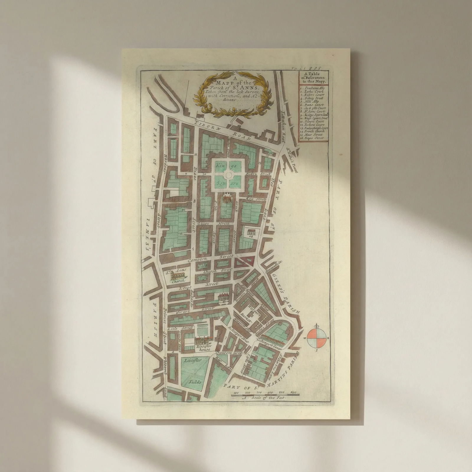 SOHO, LONDON. The Parish of St Anne's. STOW/STRYPE 1720 old antique map chart: Title: SOHO, LONDON. The Parish of St Anne's. STOW/STRYPE 1720 old antique map chart Description: A mapp of the Parish of St Ann's Soho'. The map shows much of Soho, including Dean Street, Greek Stree
