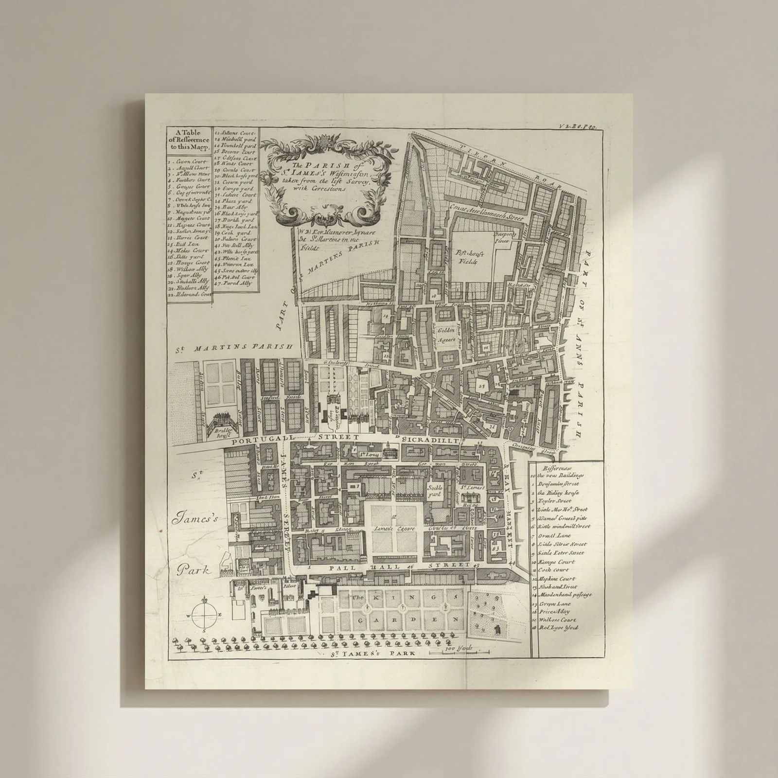 The Parish of St James's, Westminster'. Piccadilly & Soho. STOW/STRYPE 1720 map: Title: The Parish of St James's, Westminster'. Piccadilly & Soho. STOW/STRYPE 1720 map Description: The Parish of St James's, Westminster'. The map shows St James's, with parts of Mayfair and Soho, pr