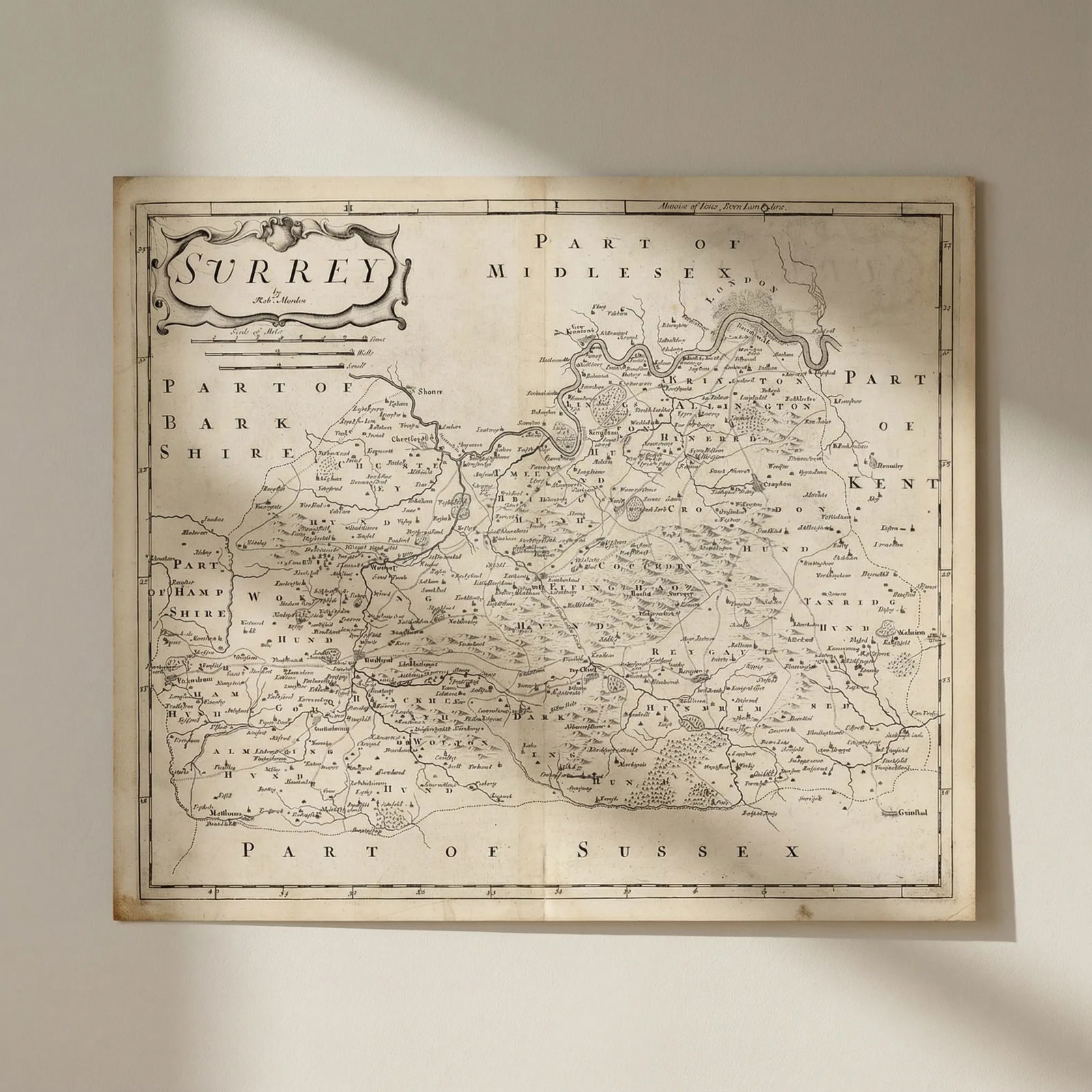 SURREY by ROBERT MORDEN from Camden's Britannia 1722 old antique map chart: Title: SURREY by ROBERT MORDEN from Camden's Britannia 1722 old antique map chart Description: Surrey' by Morden, Robert. Published 1722 - From Gibson's English version of Camden's Britannia, original