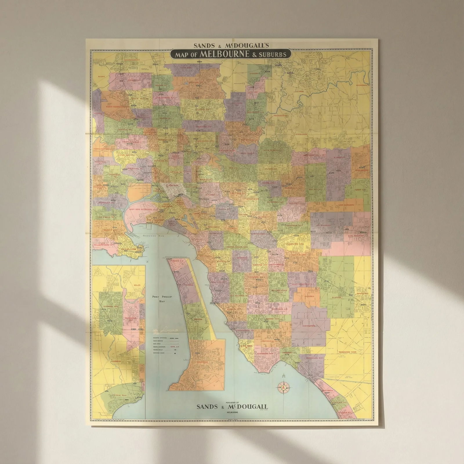 Map of Melbourne and Suburbs by Sands & McDougall. 114x86cm 1959 old: Title: Map of Melbourne and Suburbs by Sands & McDougall. 114x86cm 1959 old Description: Sands & McDougall's Map of Melbourne & Suburbs'. The map is undated, however Jacan station is marked (o