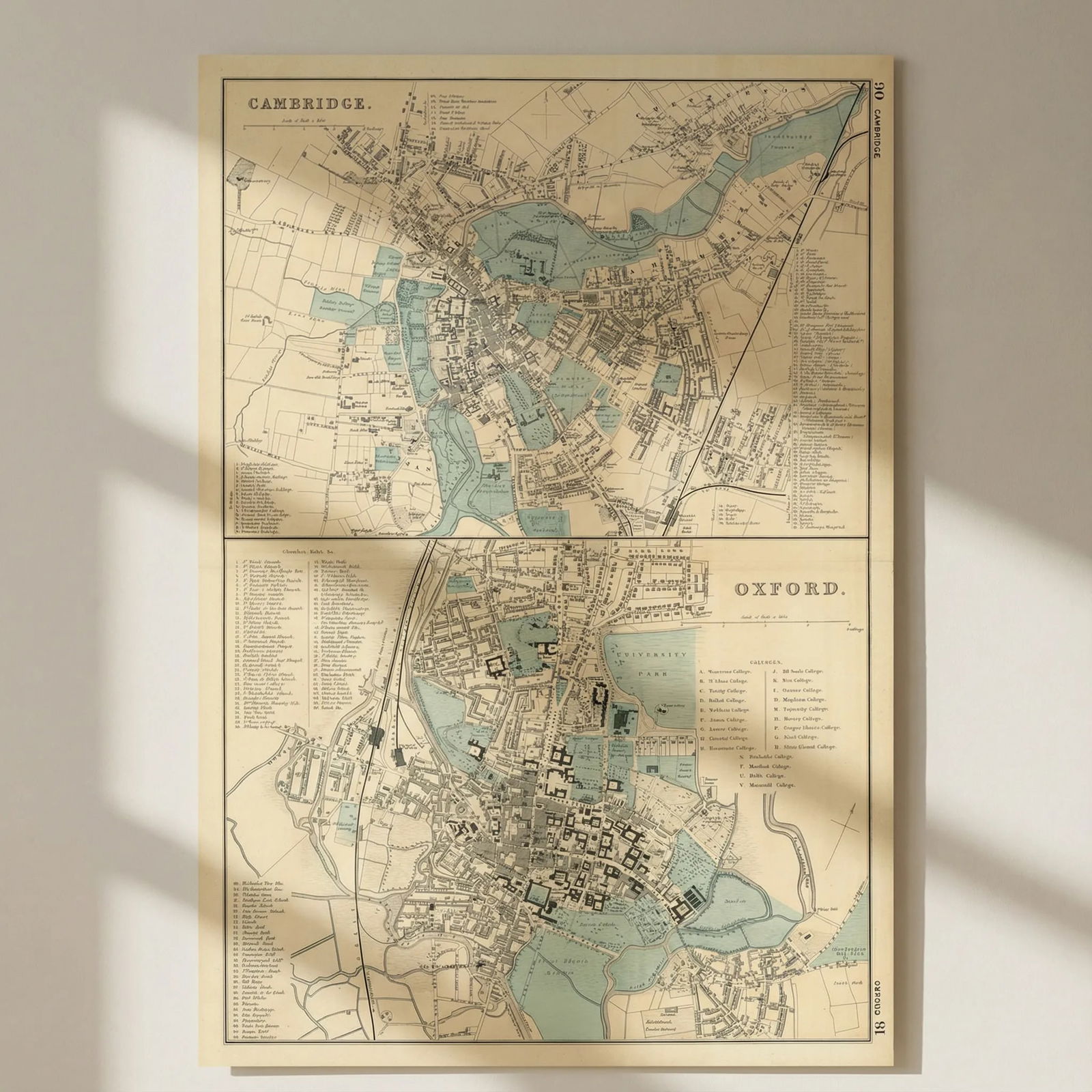 CAMBRIDGE & OXFORD antique town city plans University Colleges. BACON 1891 map: Title: CAMBRIDGE & OXFORD antique town city plans University Colleges. BACON 1891 map Description: Cambridge // Oxford' by Bacon, George Washington & Co. Published 1891. Colour Antique Lithograph Map.