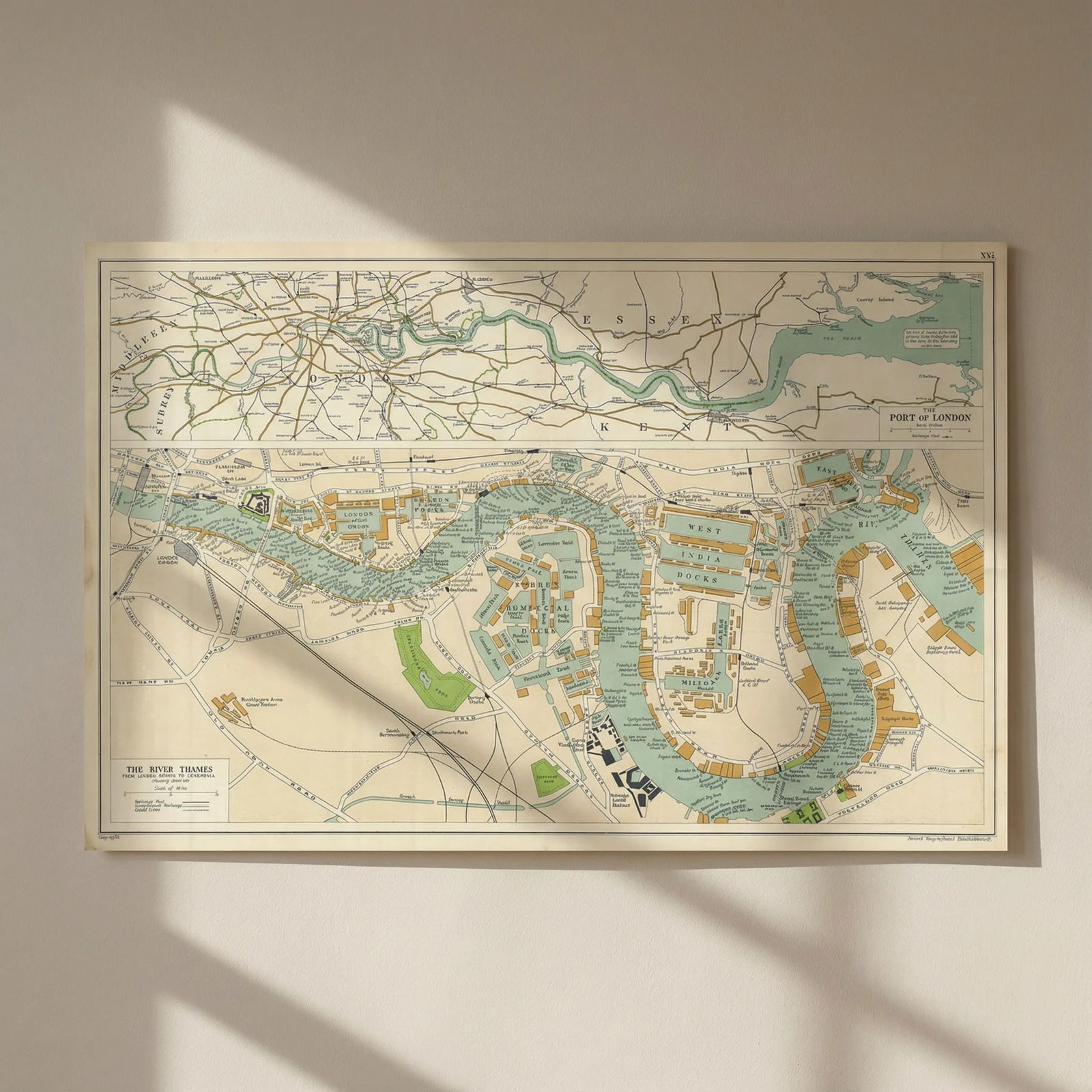 THE PORT OF LONDON showing wharves & docks. Thames. Vintage map. BACON 1919: Title: THE PORT OF LONDON showing wharves & docks. Thames. Vintage map. BACON 1919 Description: The Port of London//The River Thames from London Bridge to Blackwall'. By 1800 London was the world's la