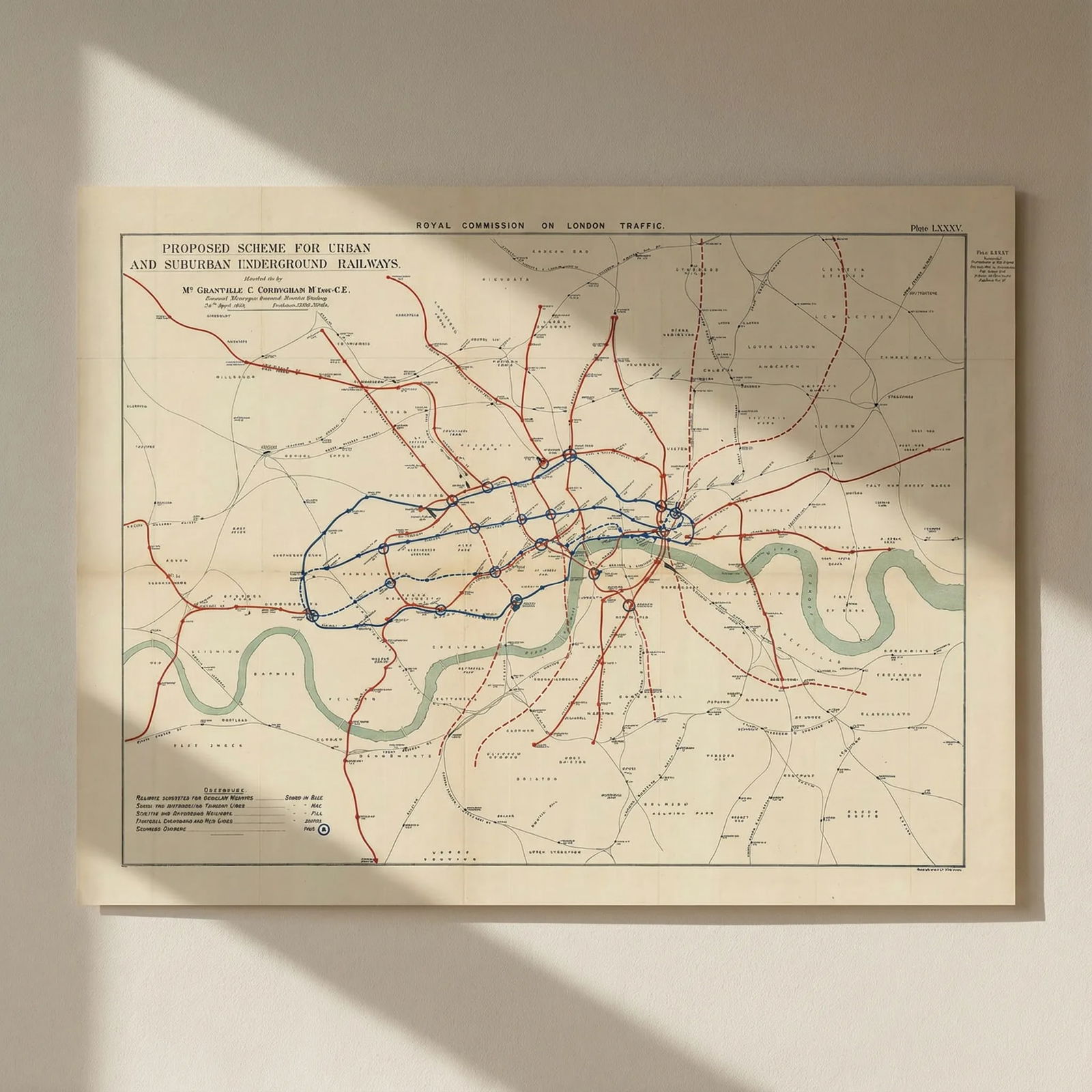Proposed scheme for urban & suburban underground railways 1906 old antique map: Title: Proposed scheme for urban & suburban underground railways 1906 old antique map Description: Royal Commission on London Traffic. Proposed scheme for urban and suburban underground railways.'. Mr