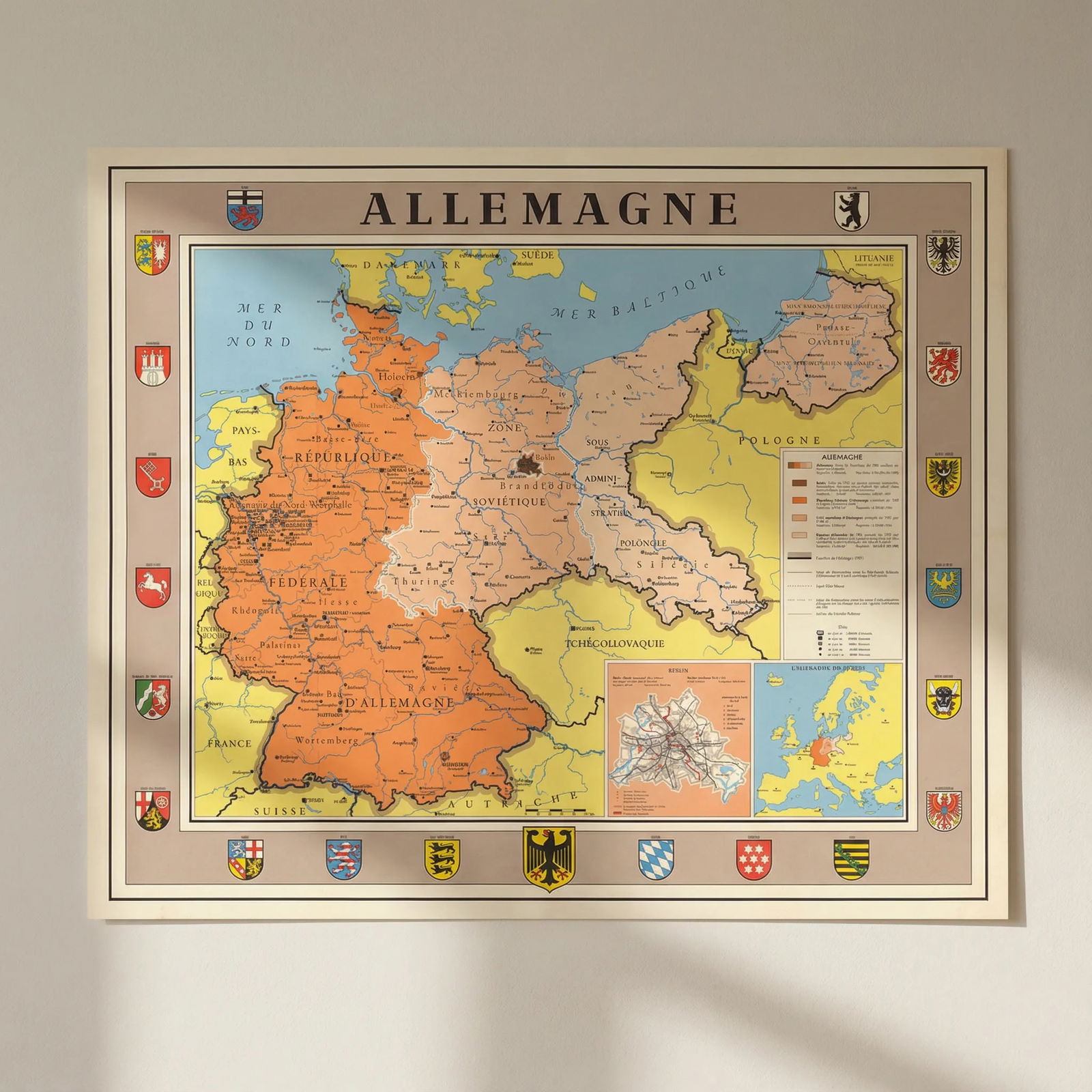 Allemagne. Post WW2 administration zones of pre-war Germany 1949 old map: Title: Allemagne. Post WW2 administration zones of pre-war Germany 1949 old map Description: Allemagne'. This large, colourful wall map illustrates the emerging post-World War II political landscape o