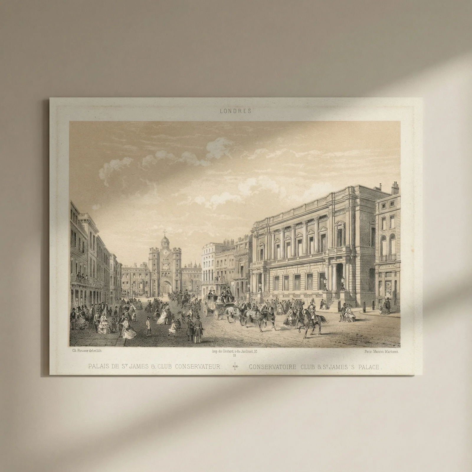 Conservative Club & St. James's Palace lithograph by Achille-Louis Martinet 1862: Title: Conservative Club & St. James's Palace lithograph by Achille-Louis Martinet 1862 Description: Palais de St. James & Club Conservateur - Conservatoire [Conservative] Club & St. James's P