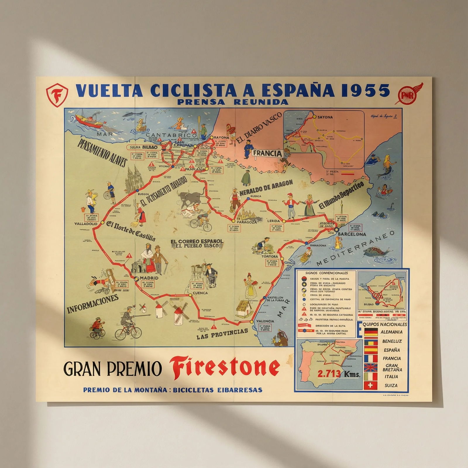 Vuelta Ciclista a España Mapa Oficial. Pictorial cycling road race map 1955: Title: Vuelta Ciclista a España Mapa Oficial. Pictorial cycling road race map 1955 Description: Vuelta Ciclista a España 1955 - Gran Premio Firestone [Mapa Oficial - Organizada por "Prensa R