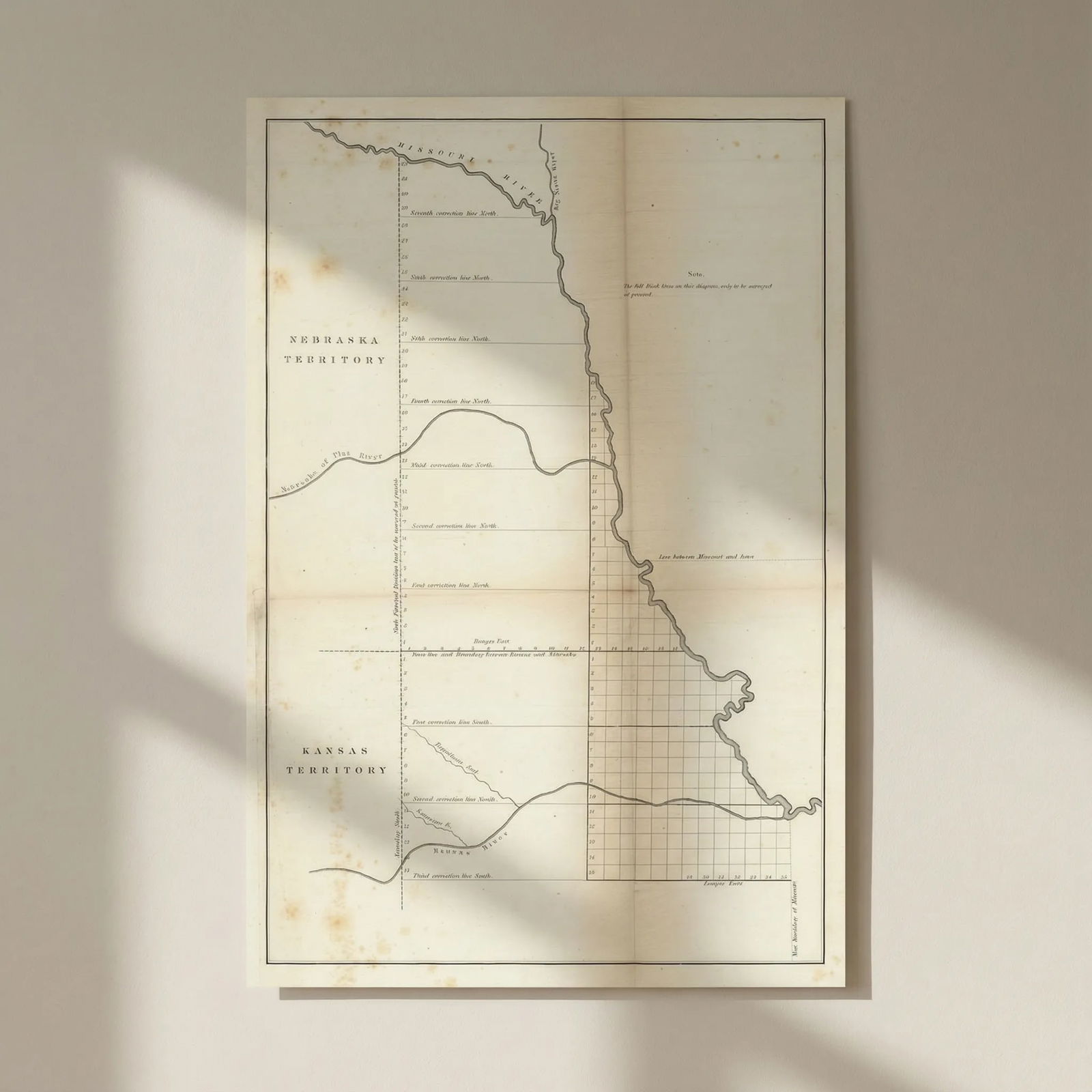 Sketch of the Public Surveys in Kansas and Nebraska. US Topo. Bureau 1854 map: Title: Sketch of the Public Surveys in Kansas and Nebraska. US Topo. Bureau 1854 map Description: [Sketch of the Public Surveys in Kansas and Nebraska]. The earliest map to depict the newly establishe