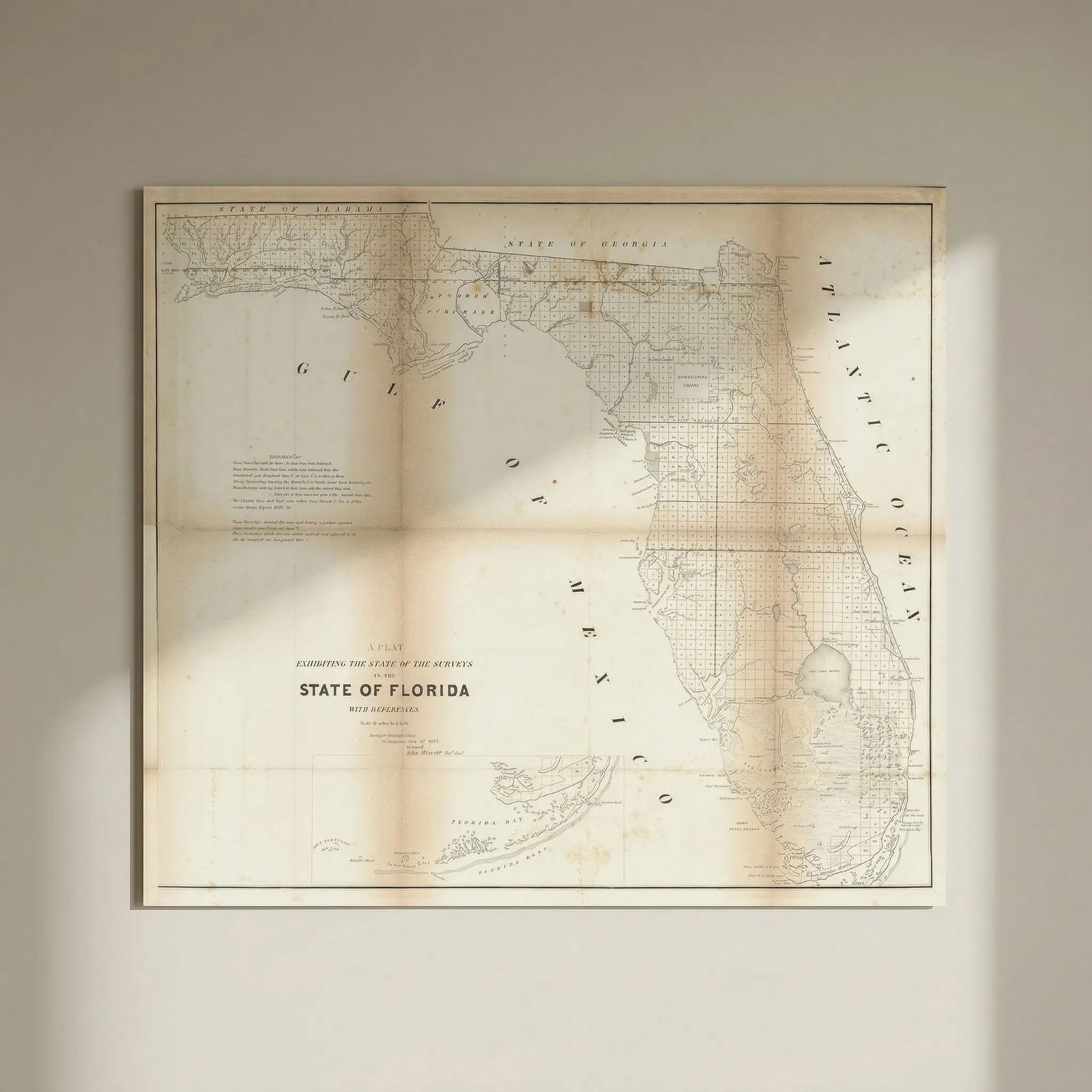 A plat exhibiting the state of the Surveys in Florida. US Topo Bureau 1854 map: Title: A plat exhibiting the state of the Surveys in Florida. US Topo Bureau 1854 map Description: A plat exhibiting the state of the Surveys in Florida'. A large, original map of the state of Florida