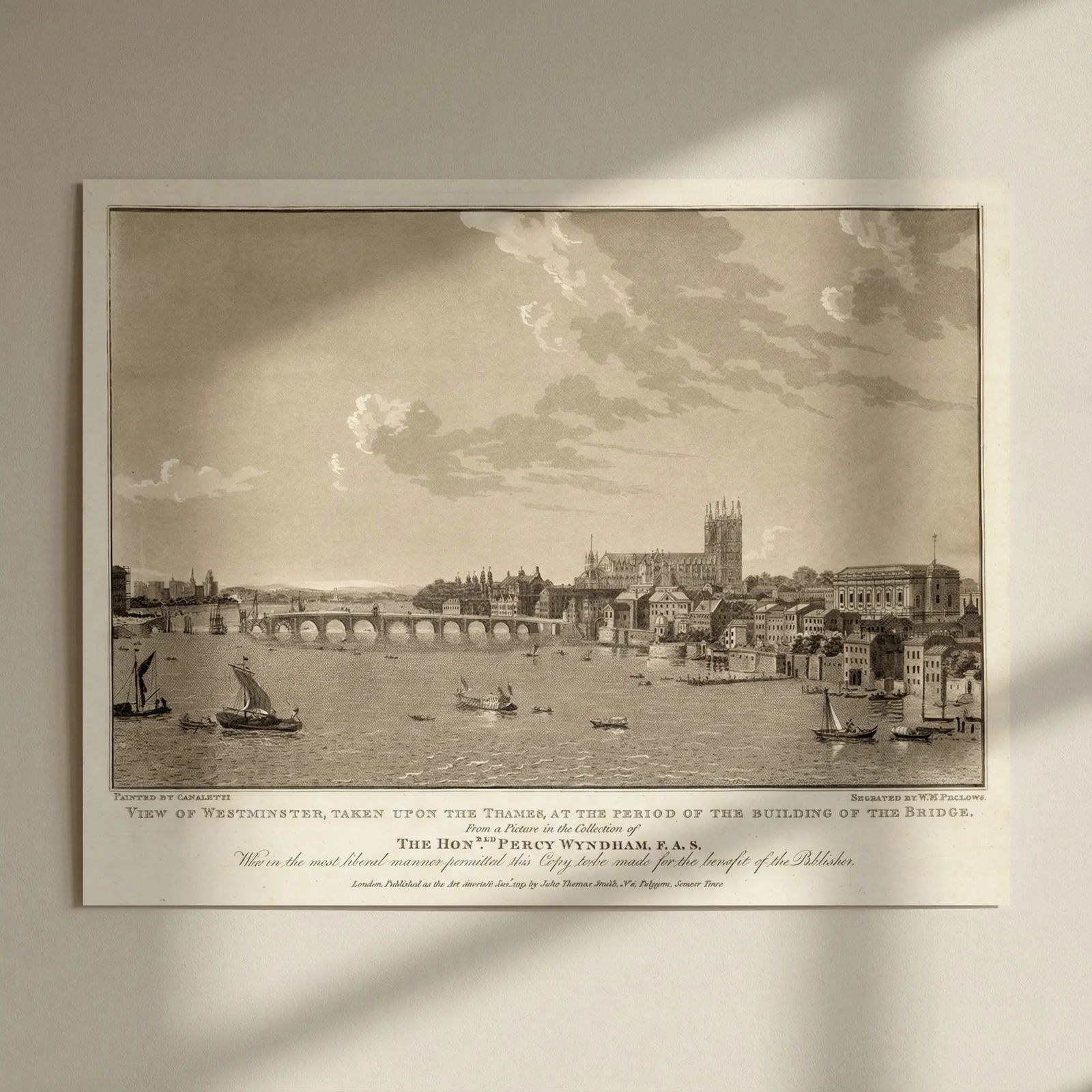 Westminster from the Thames during bridge construction. After Canaletto 1809: Title: Westminster from the Thames during bridge construction. After Canaletto 1809 Description: View of Westminster, taken upon the Thames at the period of the building of the Bridge'. The first West