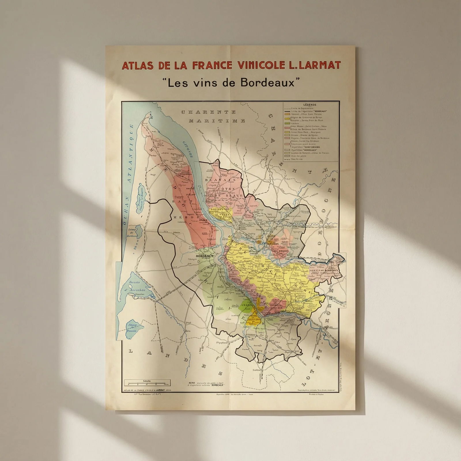 BORDEAUX WINE MAP. Les Vins de Bordeaux. Carte Générale. LARMAT 1944 old: Title: BORDEAUX WINE MAP. Les Vins de Bordeaux. Carte Générale. LARMAT 1944 old Description: "Les Vins de Bordeaux"' (Atlas de la France Vinicole L. Larmat) by Larmat, Louis. Published 1944.