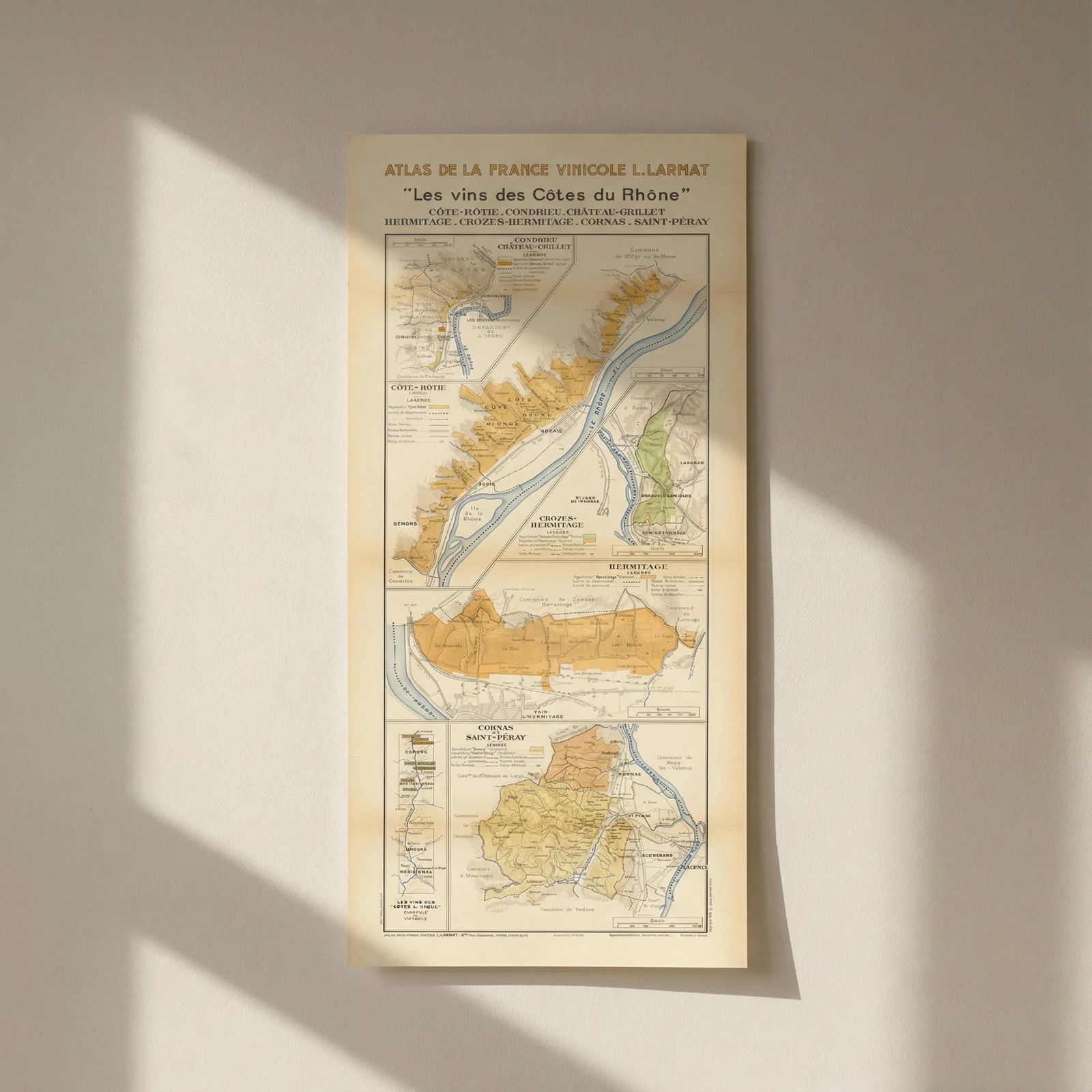 RHÔNE WINE MAP North. Côte-Rôtie Condrieu Hermitage Cornas St-Péray. LARMAT 1943: Title: RHÔNE WINE MAP North. Côte-Rôtie Condrieu Hermitage Cornas St-Péray. LARMAT 1943 Description: "Les Vins des Côtes du Rhône" - Côte-Rôtie. Condrieu. Ch