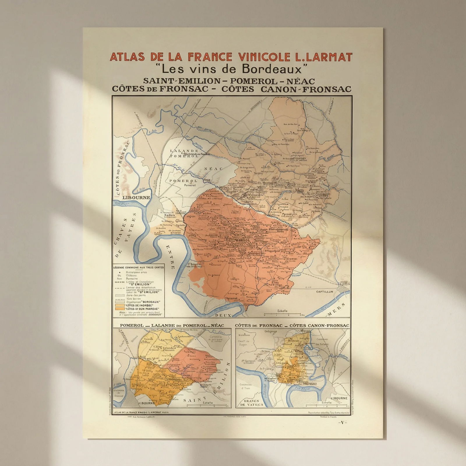 BORDEAUX VINS WINE MAP. St Emilion Pomerol Néac Côtes Canon-Fronsac.LARMAT 1944: Title: BORDEAUX VINS WINE MAP. St Emilion Pomerol Néac Côtes Canon-Fronsac.LARMAT 1944 Description: "Les Vins de Bordeaux" - Les Vins de Bordeaux: St Emilion - Pomerol - Néac - Côt