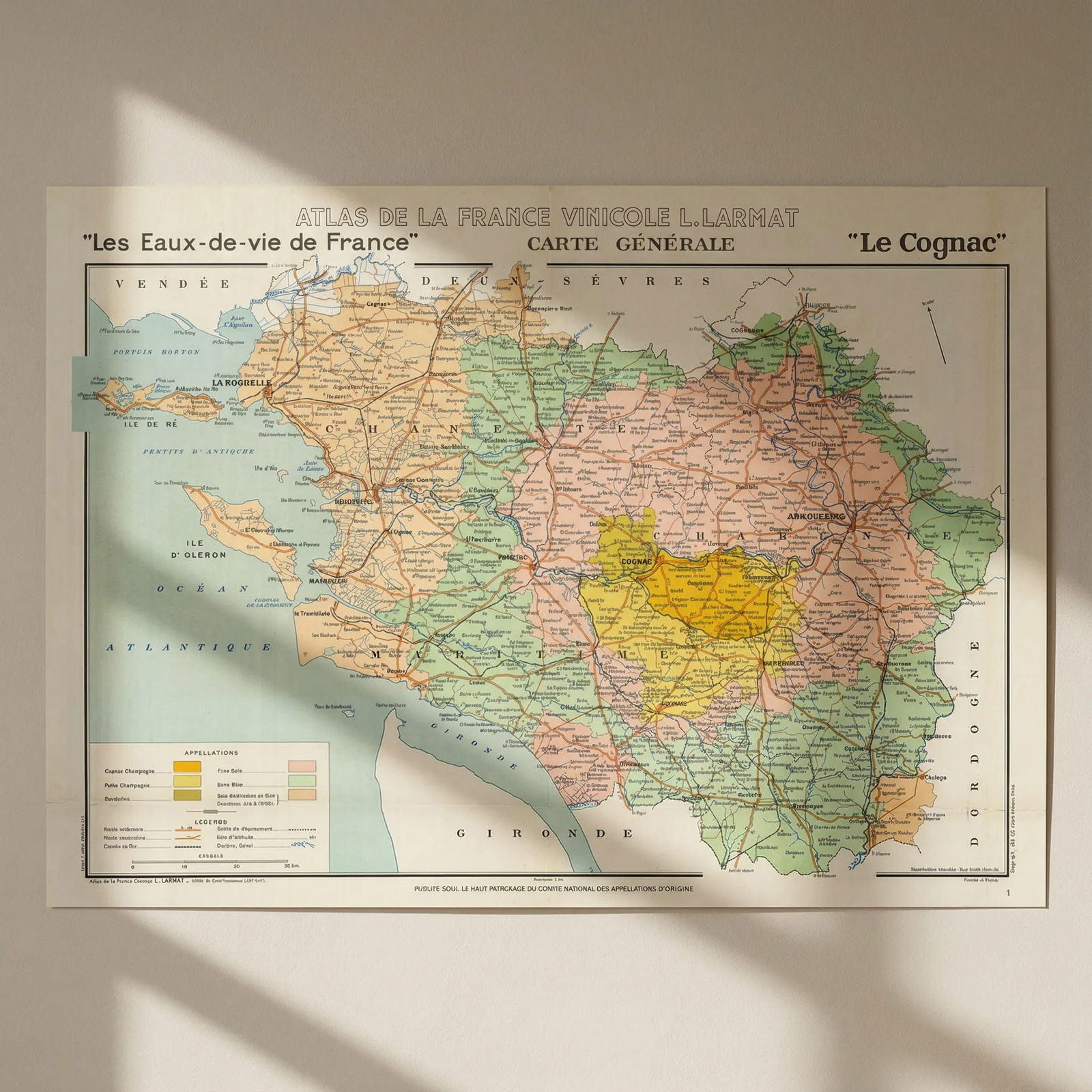 COGNAC BRANDY MAP Crus. Carte Générale. Champagne/Bois &c. Charente. LARMAT 1947: Title: COGNAC BRANDY MAP Crus. Carte Générale. Champagne/Bois &c. Charente. LARMAT 1947 Description: "Les Eaux-de-vie de France" - Carte Générale - "Le Cognac"' (Atlas de la France