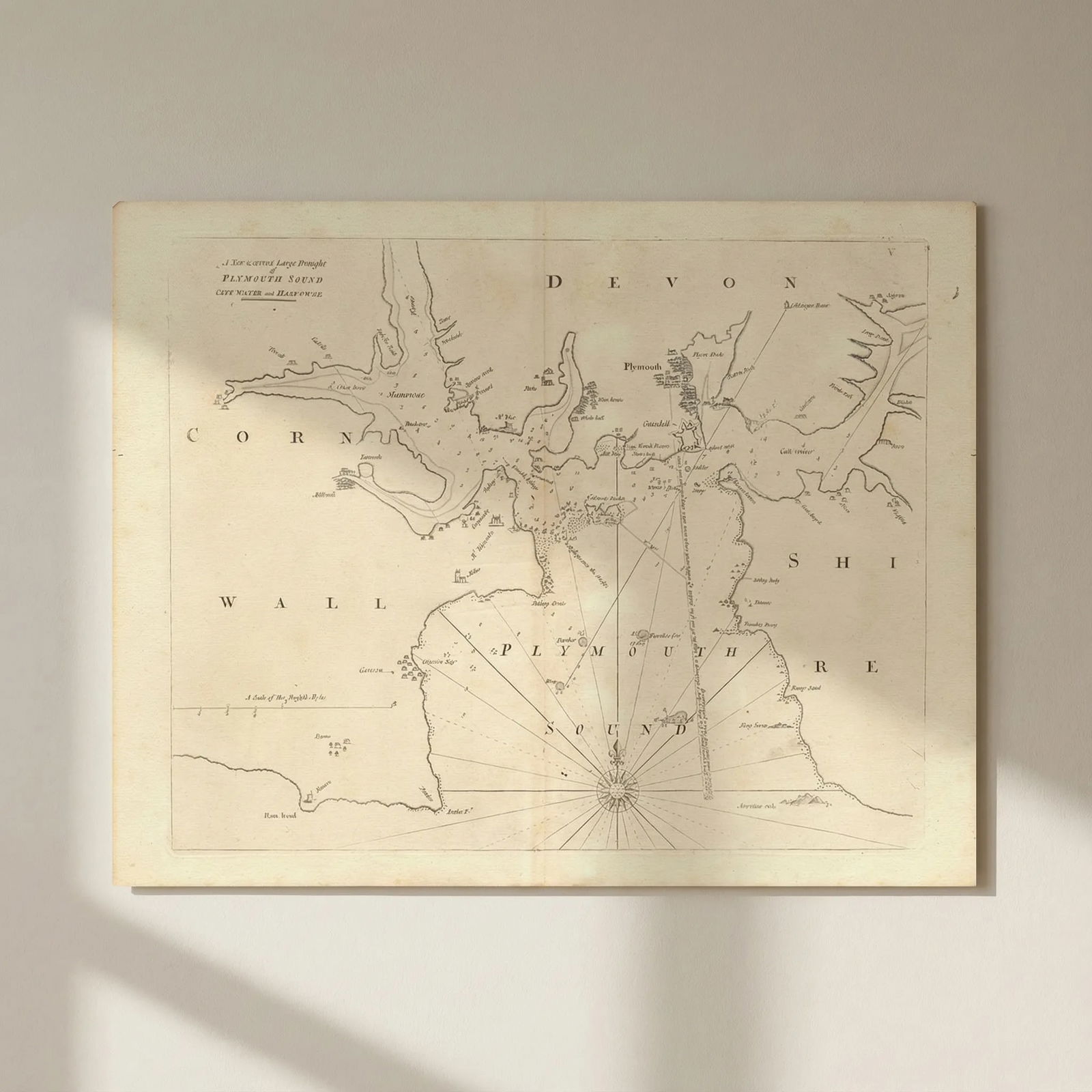 PLYMOUTH SOUND, Cattewater & Hamoaze sea chart by Capt G. COLLINS c1774 map: Title: PLYMOUTH SOUND, Cattewater & Hamoaze sea chart by Capt G. COLLINS c1774 map Description: A new & correct large Draught of Plymouth Sound, Catt Water and Ham Owse'. A detailed sea chart of P