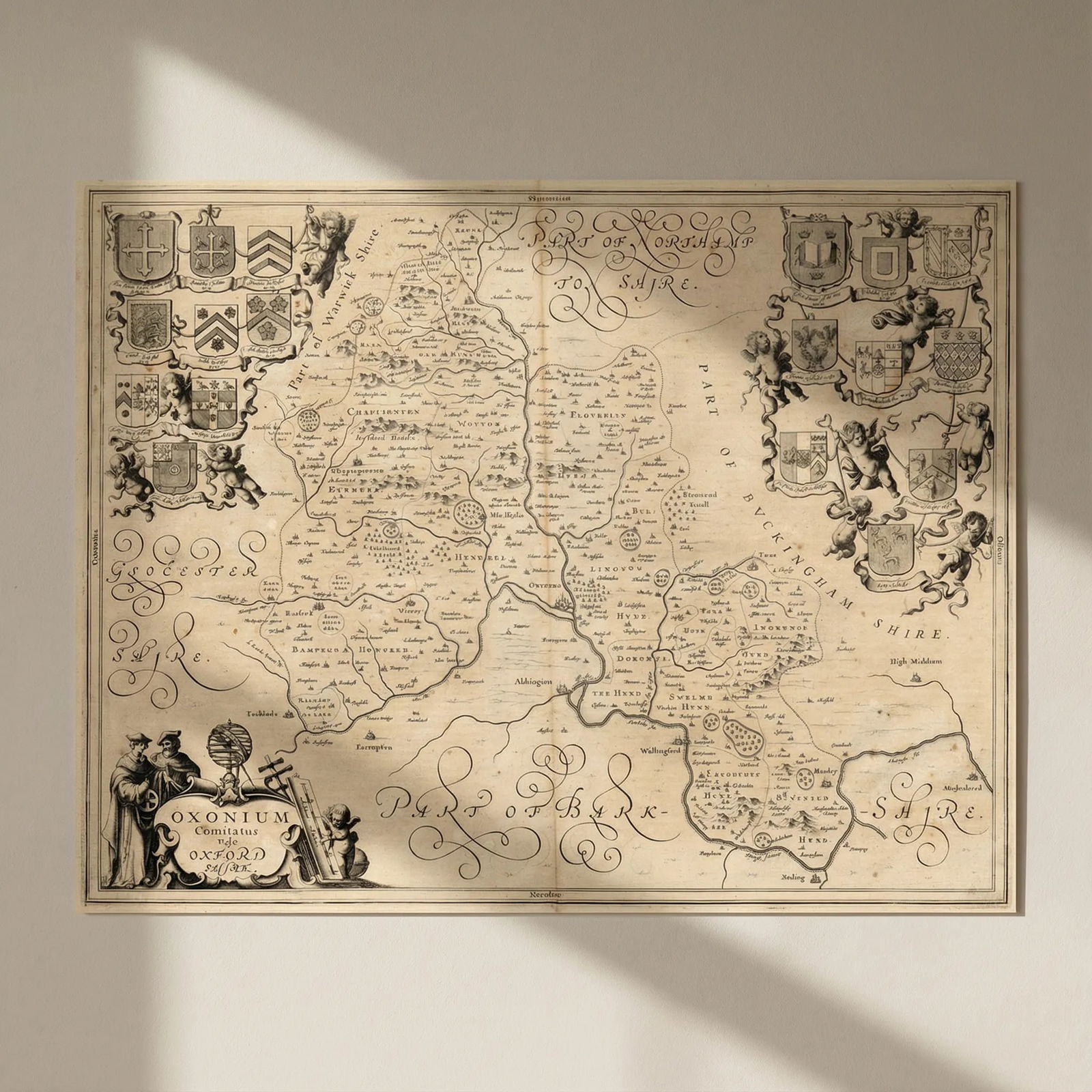 Oxonium comitatus vulgo Oxfordshire'. Antique map by JANSSONIUS 1646 old: Title: Oxonium comitatus vulgo Oxfordshire'. Antique map by JANSSONIUS 1646 old Description: Oxonium comitatus vulgo Oxfordshire'. The map shows Oxfordshire, with the Thames valley forming its souther